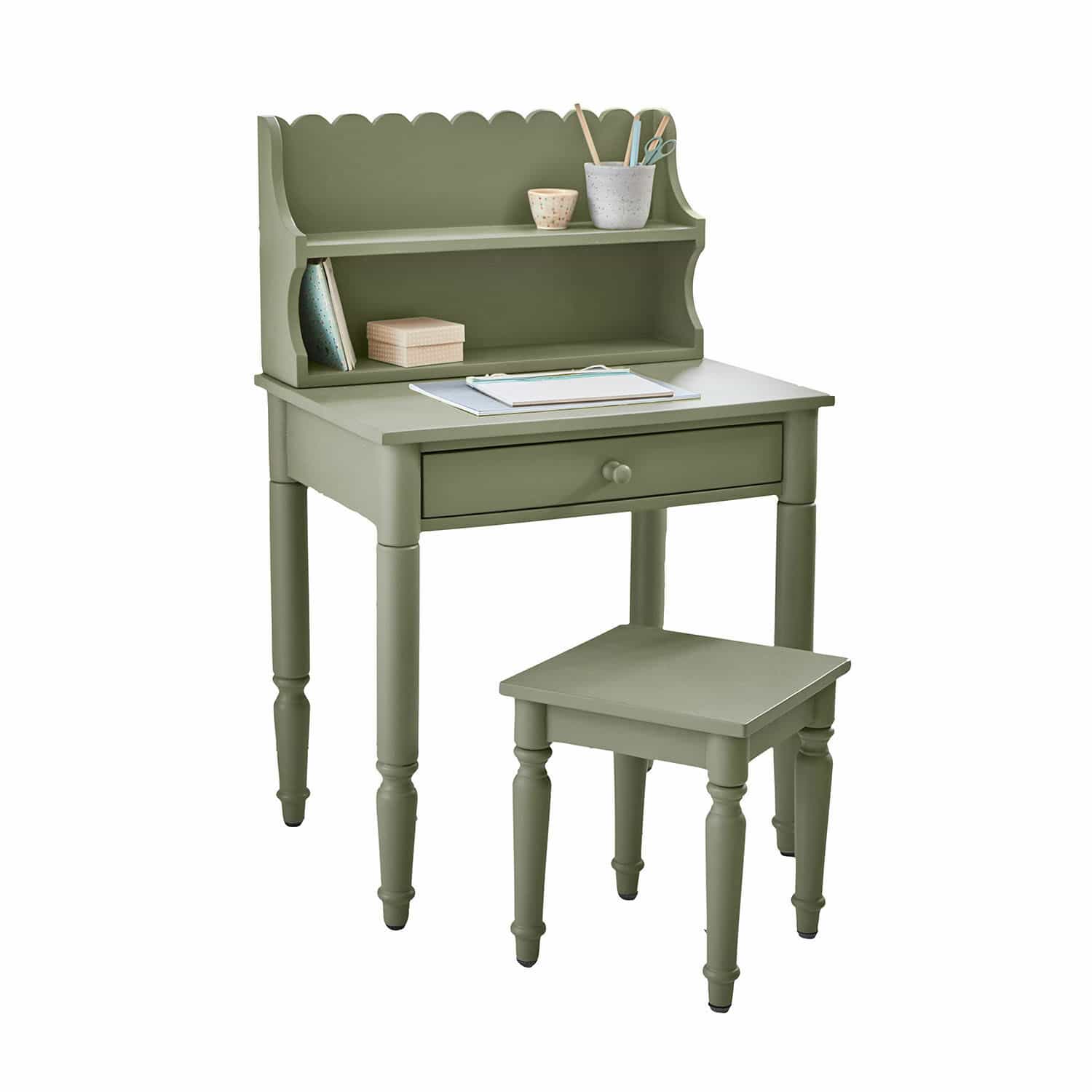 Escritorio Kystlund Escritorio verde de madera con estantes y taburete, mueble funcional para hogar y oficina
