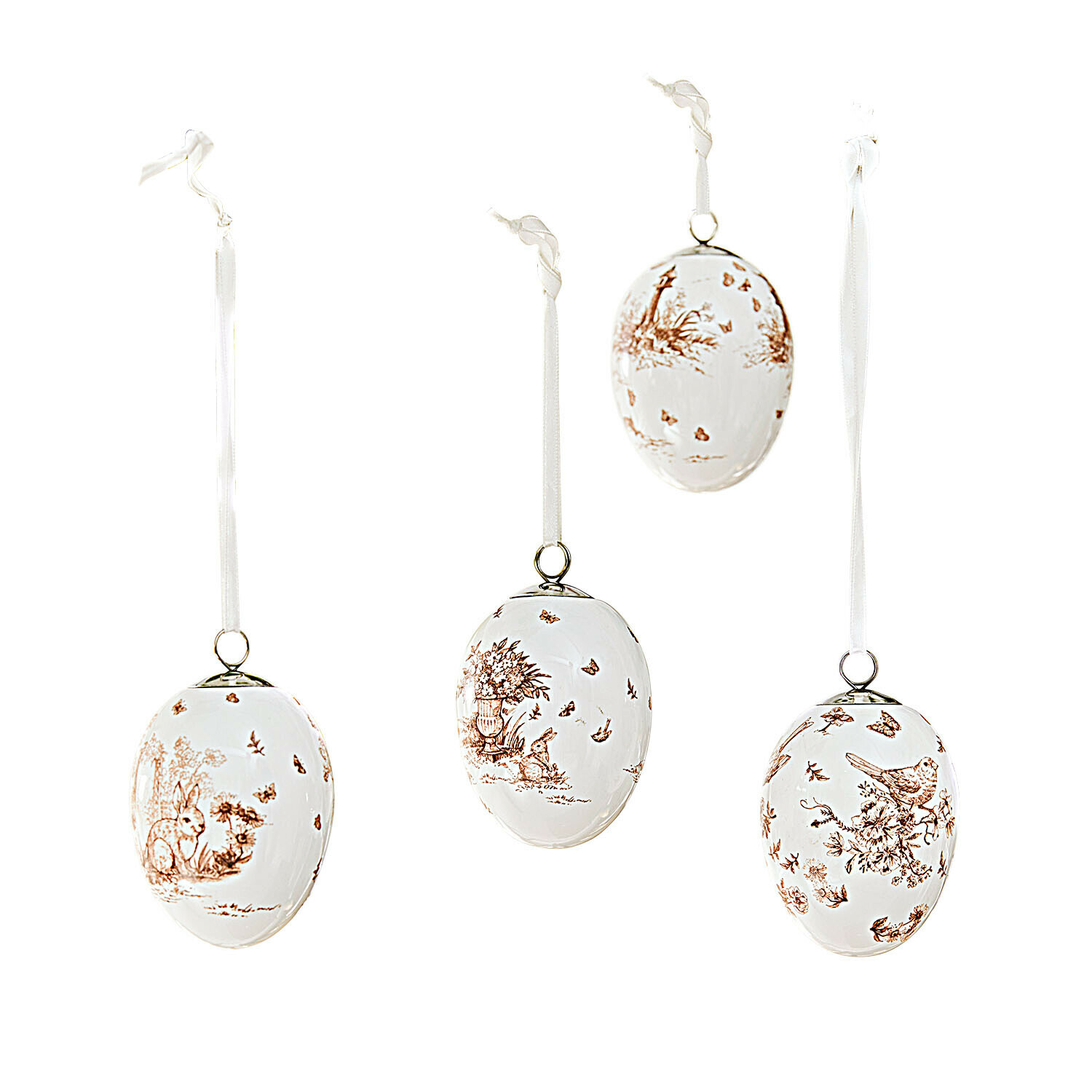 Set de 4 colgantes Seravoux Conjunto de cuatro huevos de cerámica blanca con motivos marrones de animales y plantas, decoraciones colgantes de Pascua