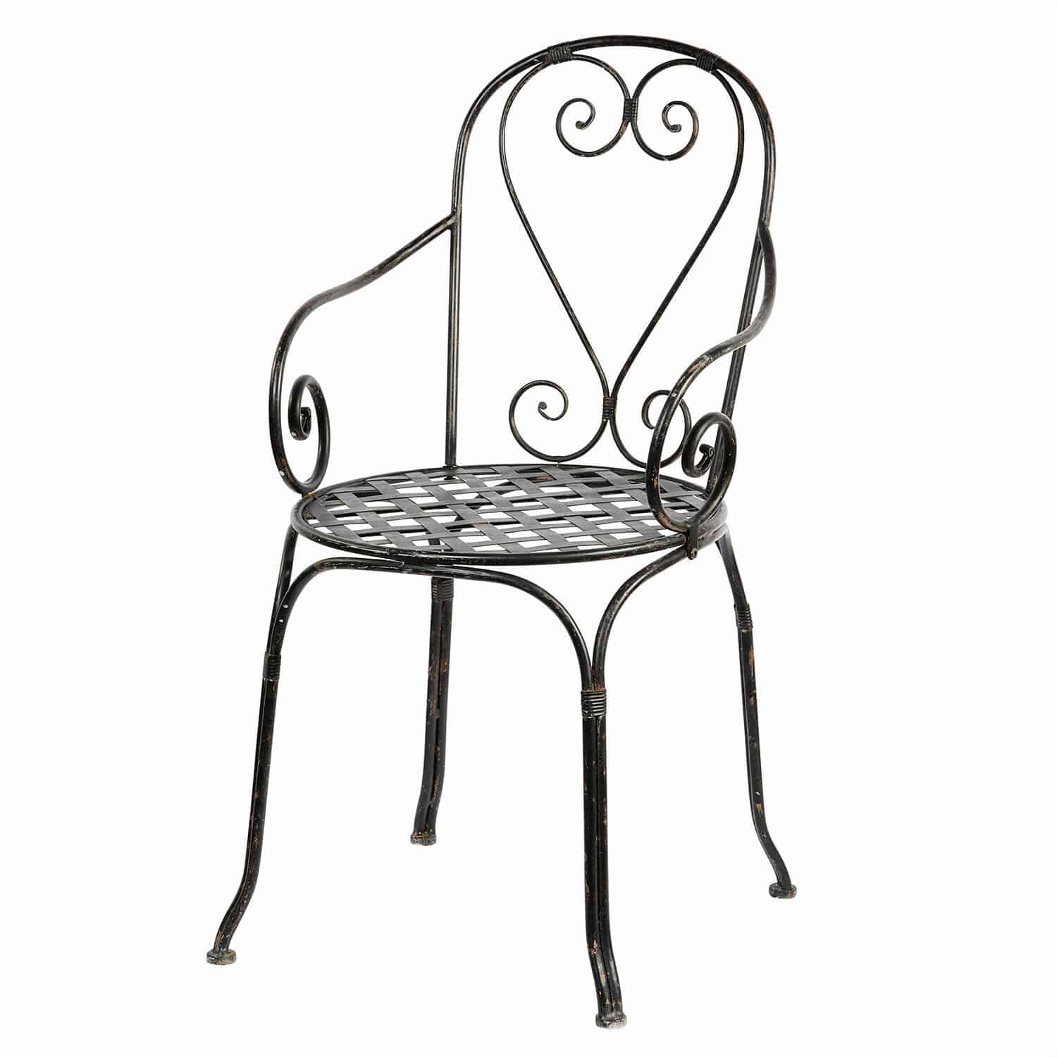 Silla de jardín de metal negro con asiento calado y detalles en espiral, mueble metálico