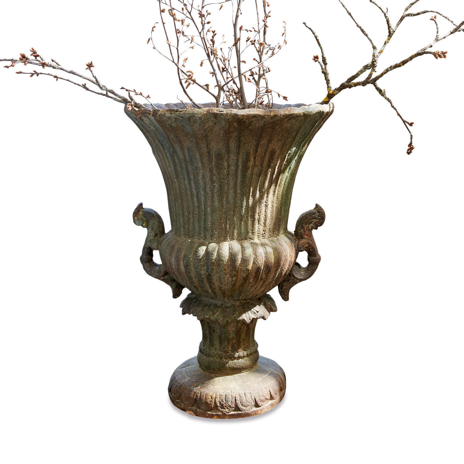 Ánfora Estefanie Gran jarrón decorativo de metal verde patinado con ramas decorativas para interiores o jardín