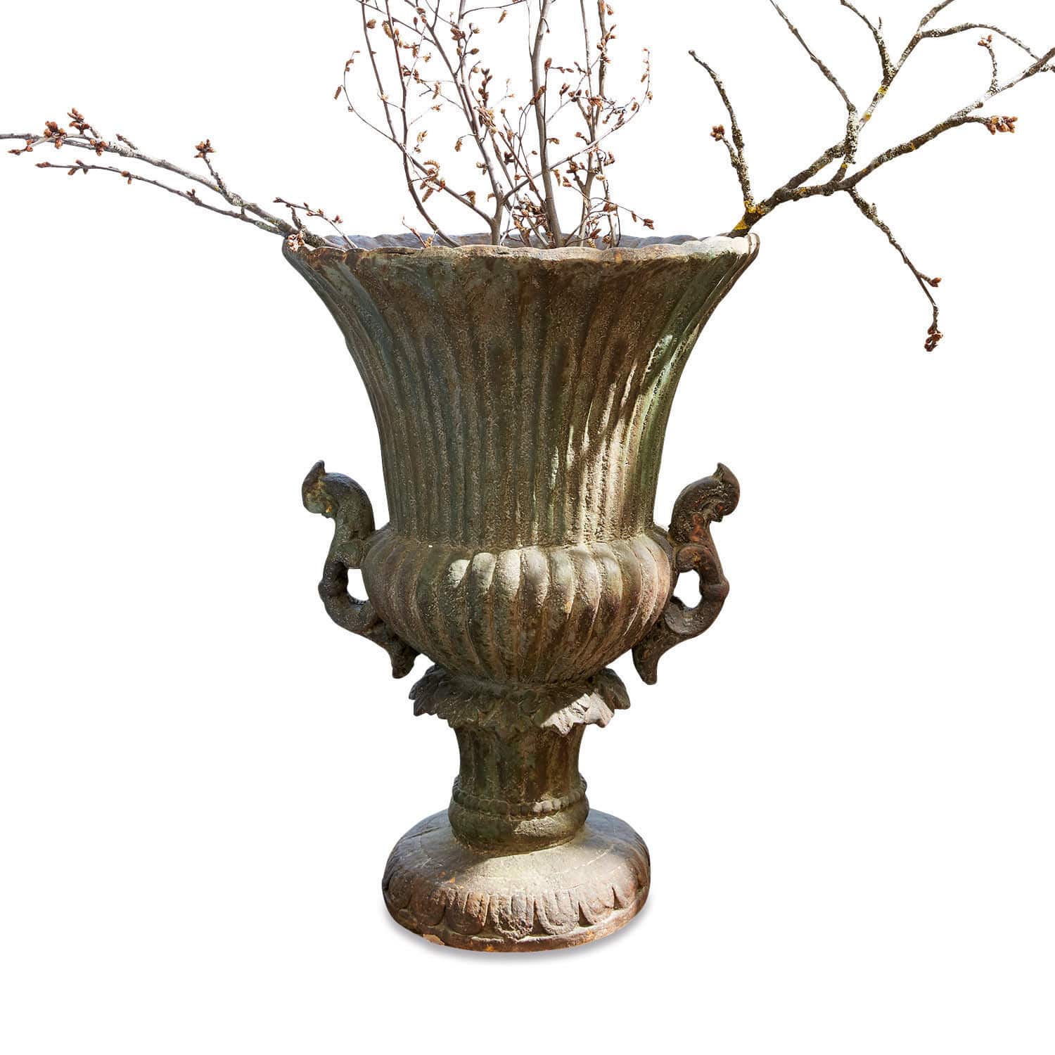 Ánfora Estefanie Gran jarrón decorativo de metal verde patinado con ramas decorativas para interiores o jardín