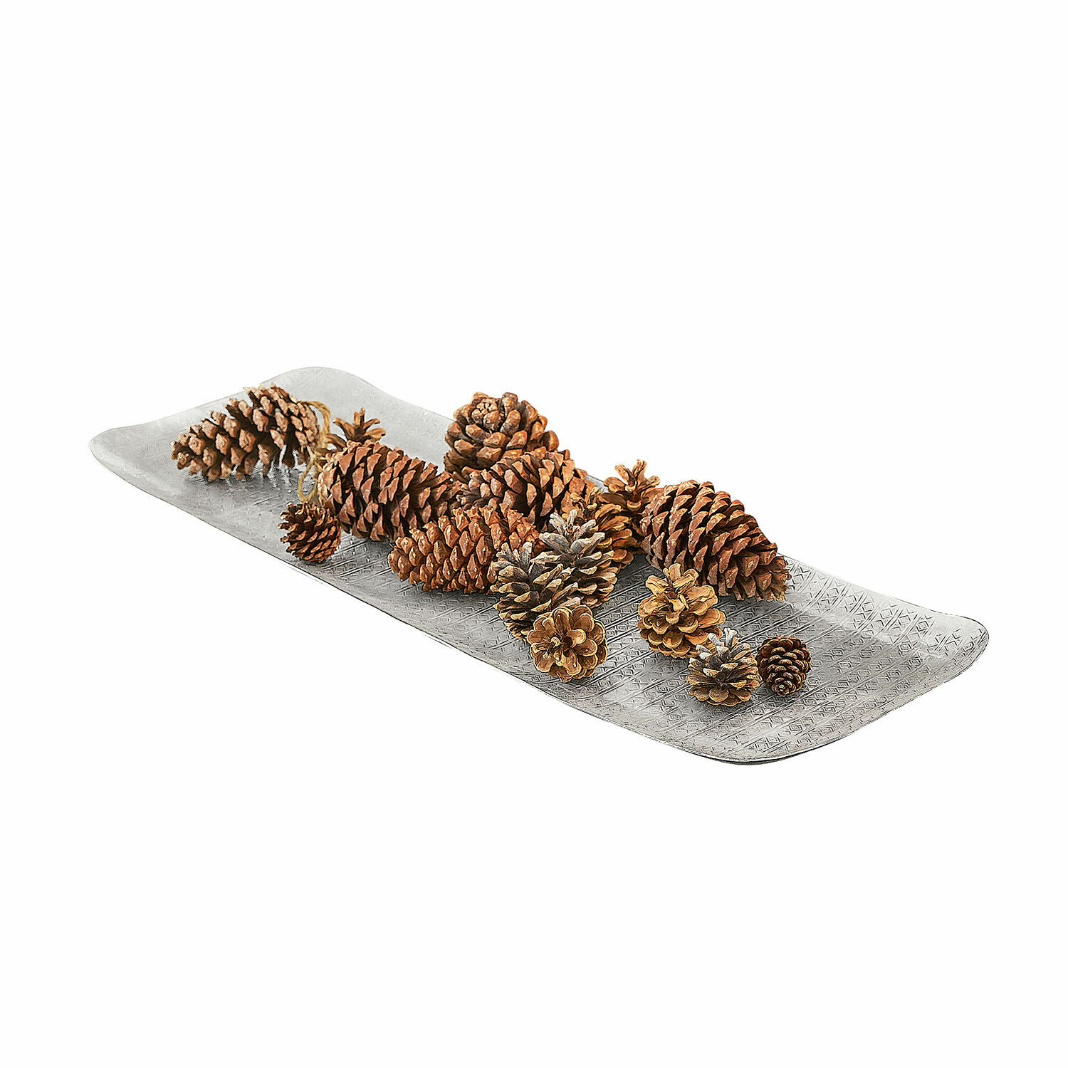 Bandeja Élodine Bandeja decorativa de metal plateado con piñas marrones naturales para decoración interior