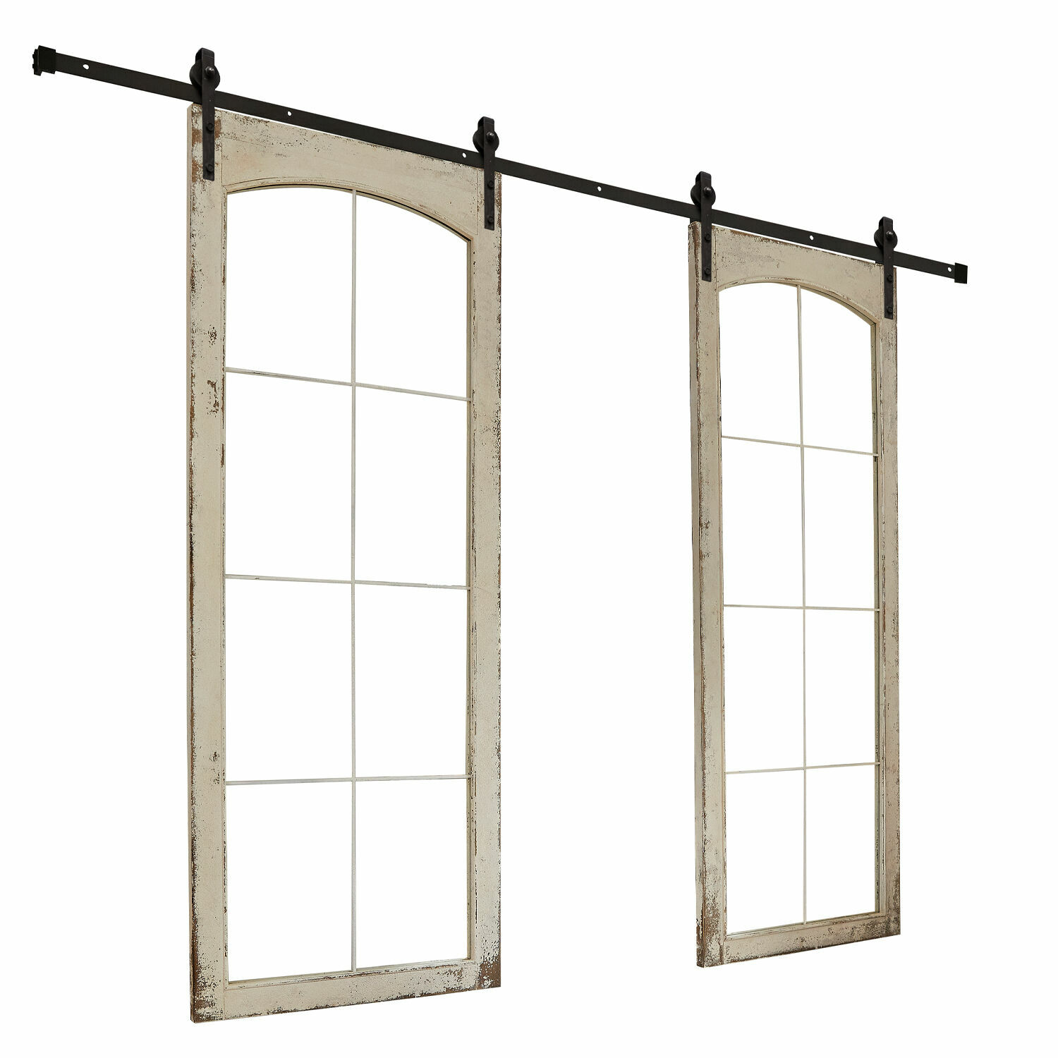 Doble puerta corredera Incles Puerta corredera doble de madera blanca envejecida con riel metálico negro para interiores