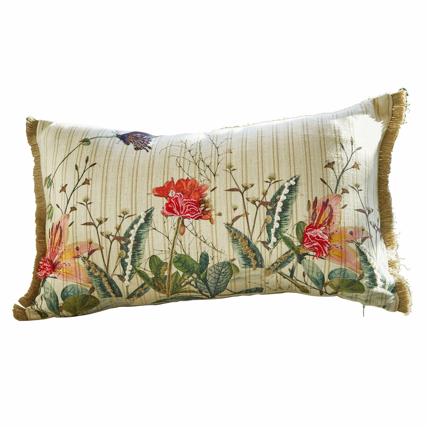 Funda de cojín Floriania Cojín rectangular de algodón beige con rayas, estampado floral y flecos decorativos