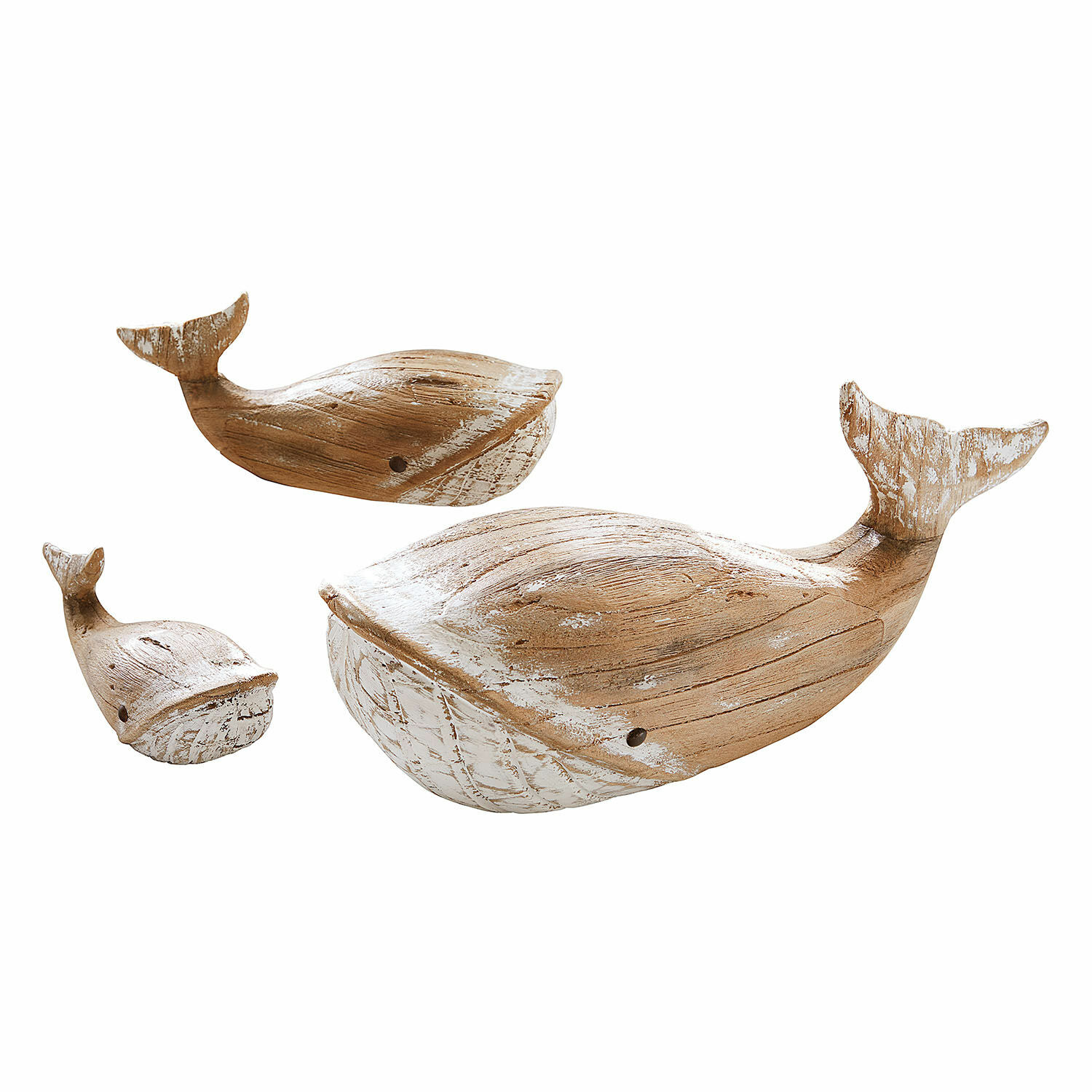 Set de 3 ballenas decorativas Breezie Conjunto de tres decoraciones de ballenas de madera en color natural con acabado blanco, adorno para el hogar.