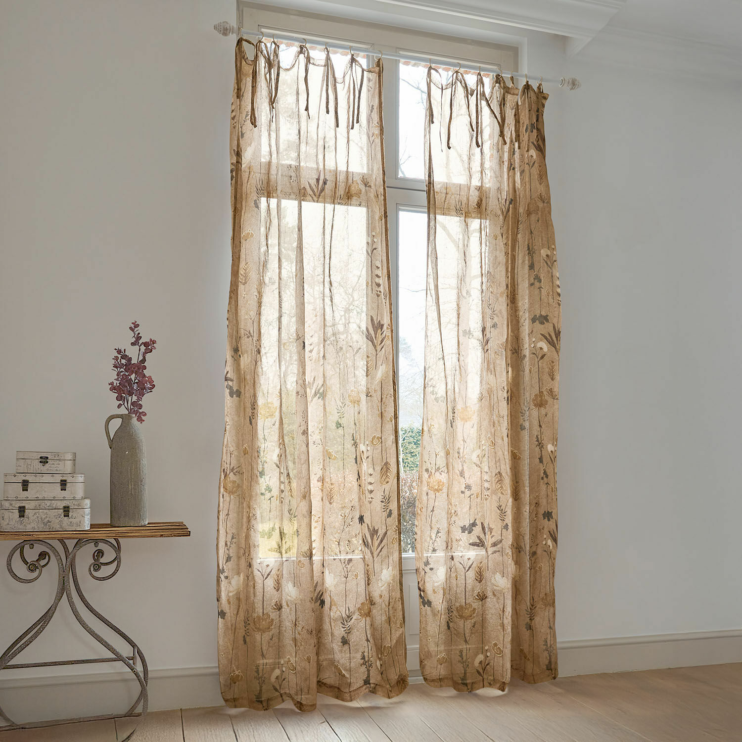 Cortina Norivelle Cortinas transparentes de lino beige con diseño floral para decoración de ventanas
