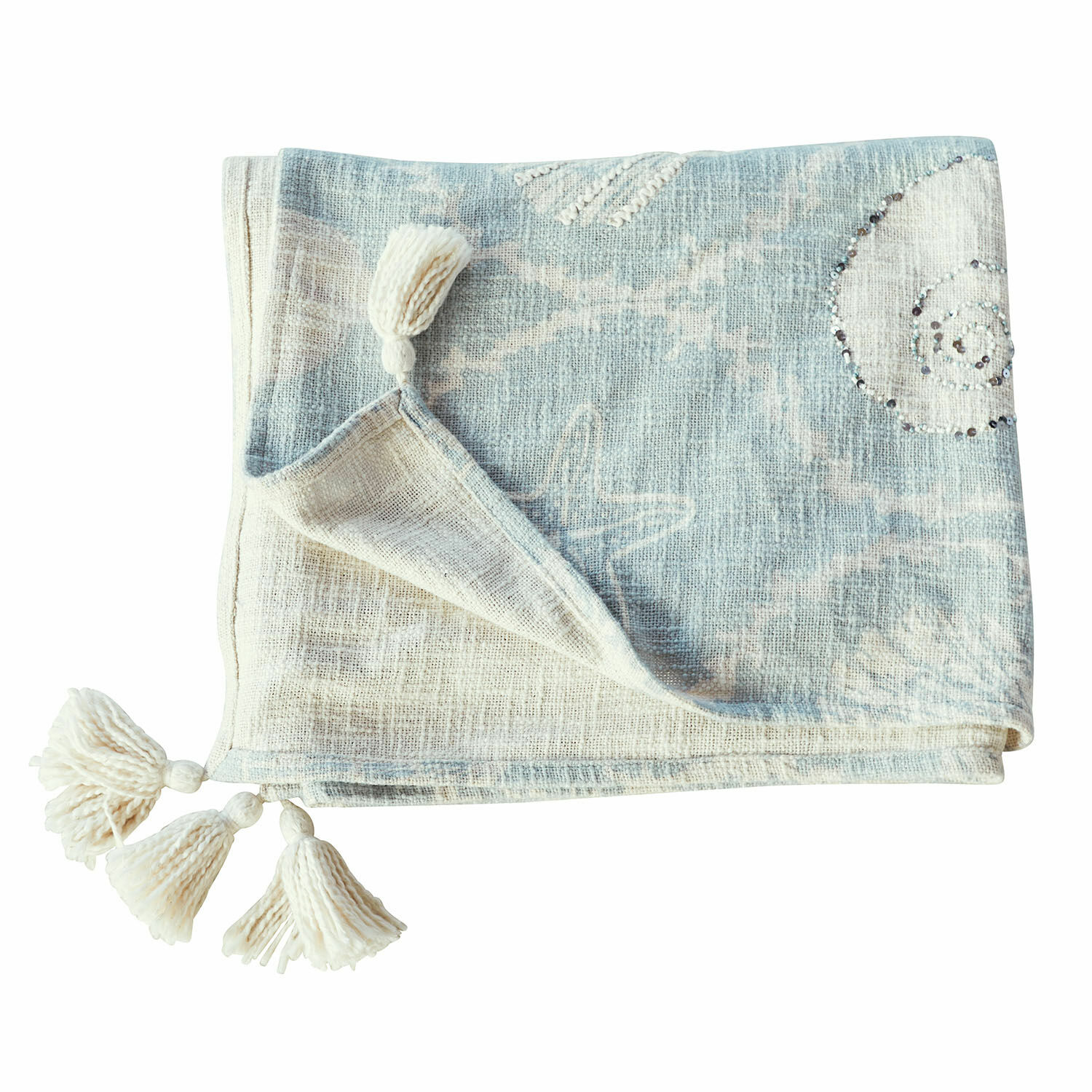 Plaid Calerand Manta de algodón azul claro y crema con borlas y diseño de conchas para decoración interior