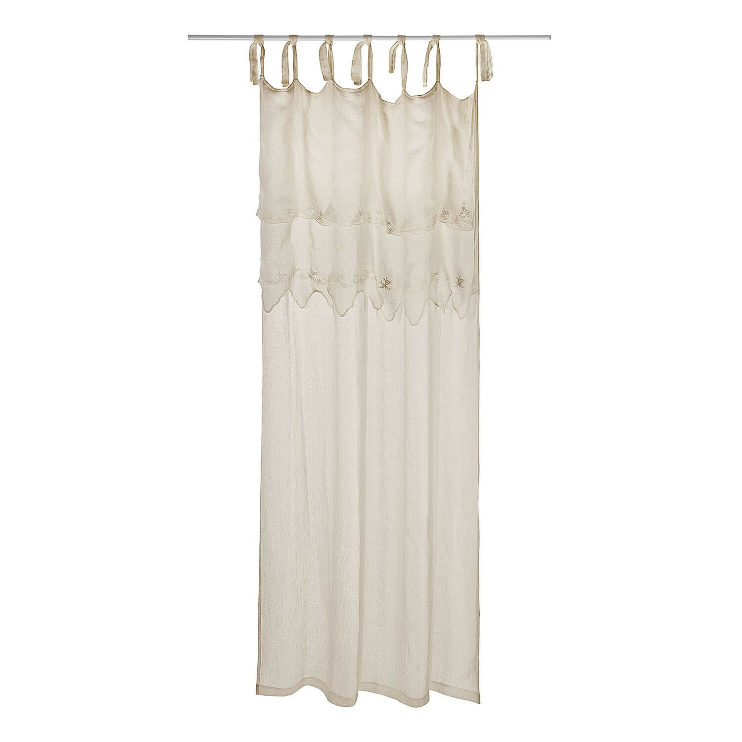 Cortina Melania Cortina beige de algodón con bordado decorativo y lazos para colgar, estilo rústico