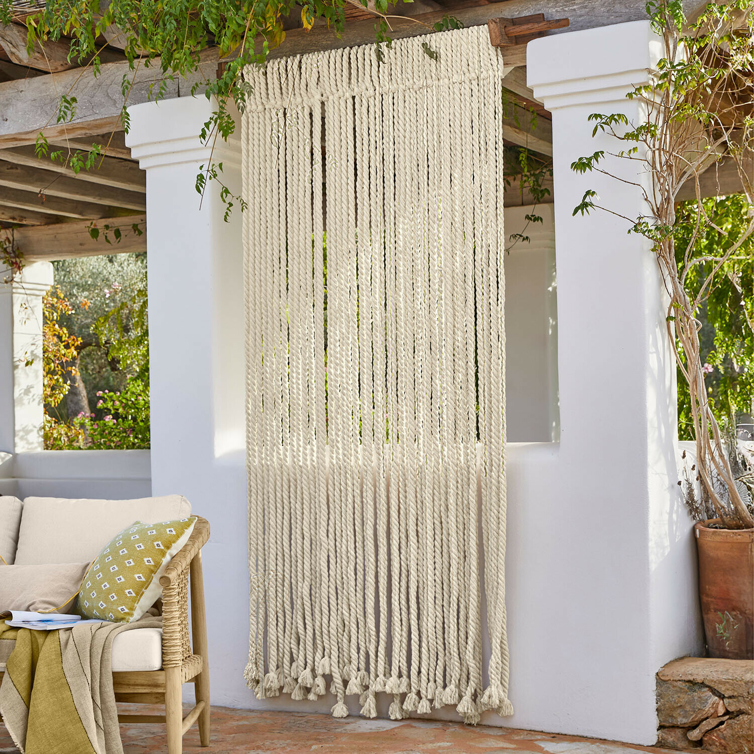 Cortina de cuerda Trésalya Cortina decorativa de cuerdas gruesas blancas de algodón estilo bohemio en terraza