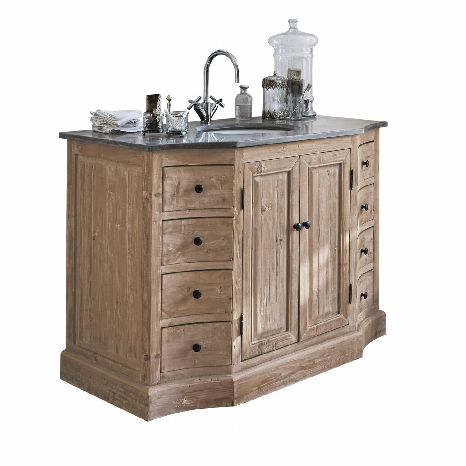 Mueble de baño con lavabo Manaurie Mueble de baño de madera natural con cajones y encimera de mármol gris