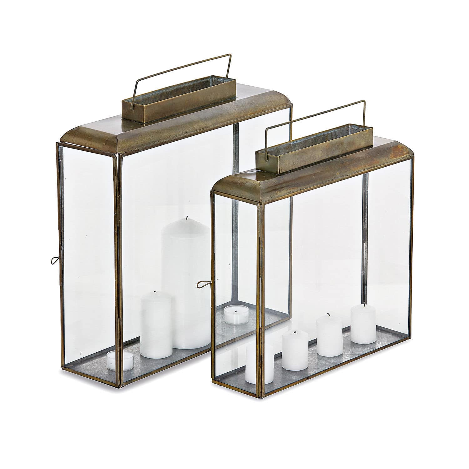 Set de 2 faroles Estrelle Conjunto de dos faroles de metal con asas y velas blancas en el interior, decoración para el hogar