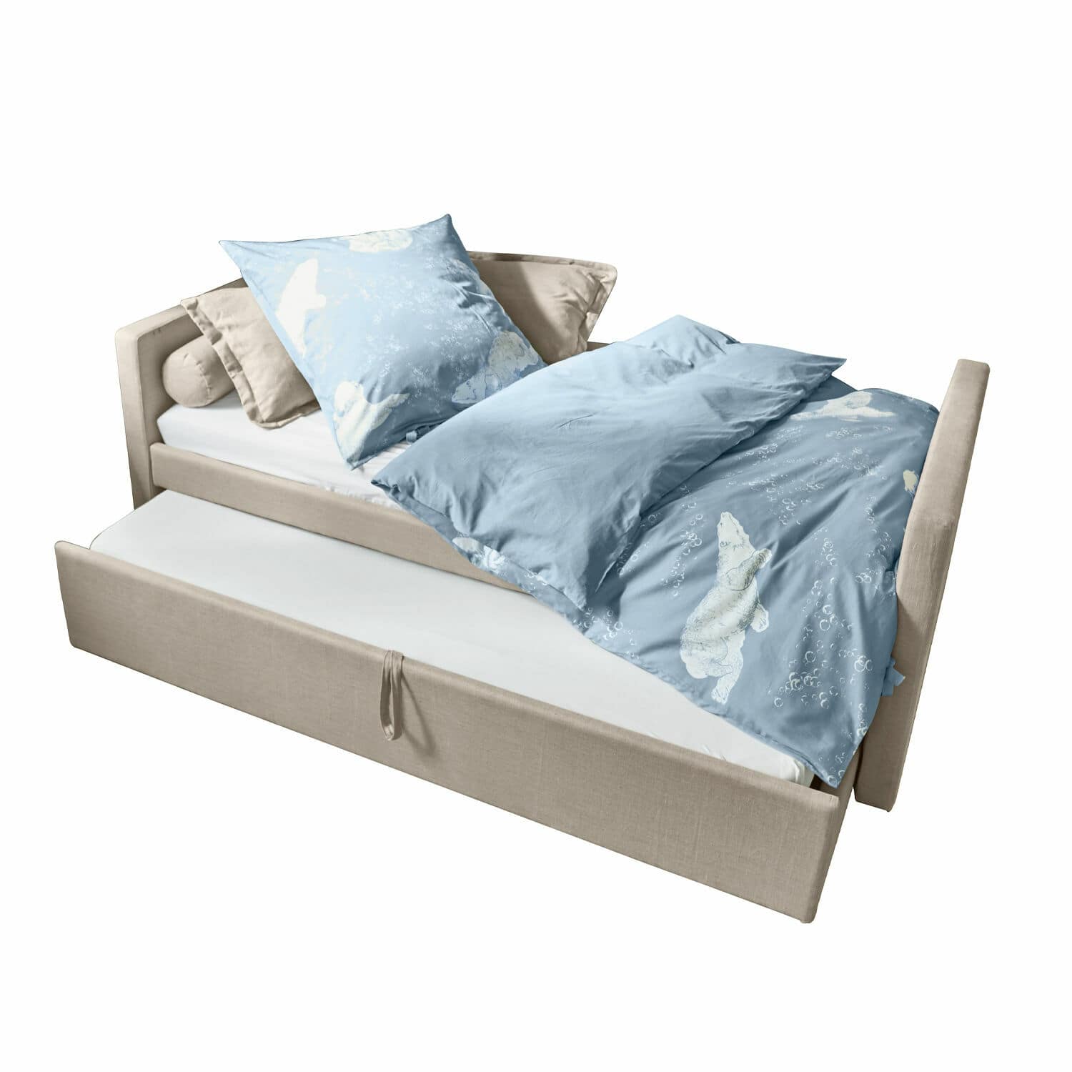 Cama Thistlewood Cama beige con colchón extraíble y ropa de cama azul con diseño de oso polar, tela