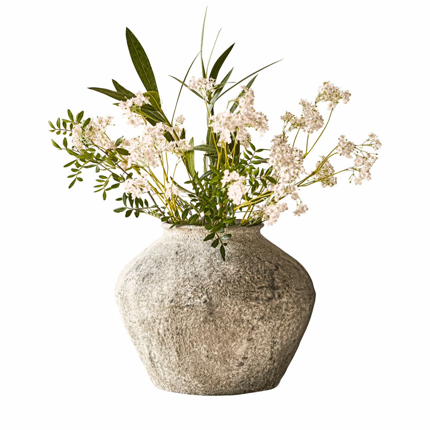 Jarrón Champs Jarrón decorativo de piedra gris con flores blancas y hojas verdes para decoración interior