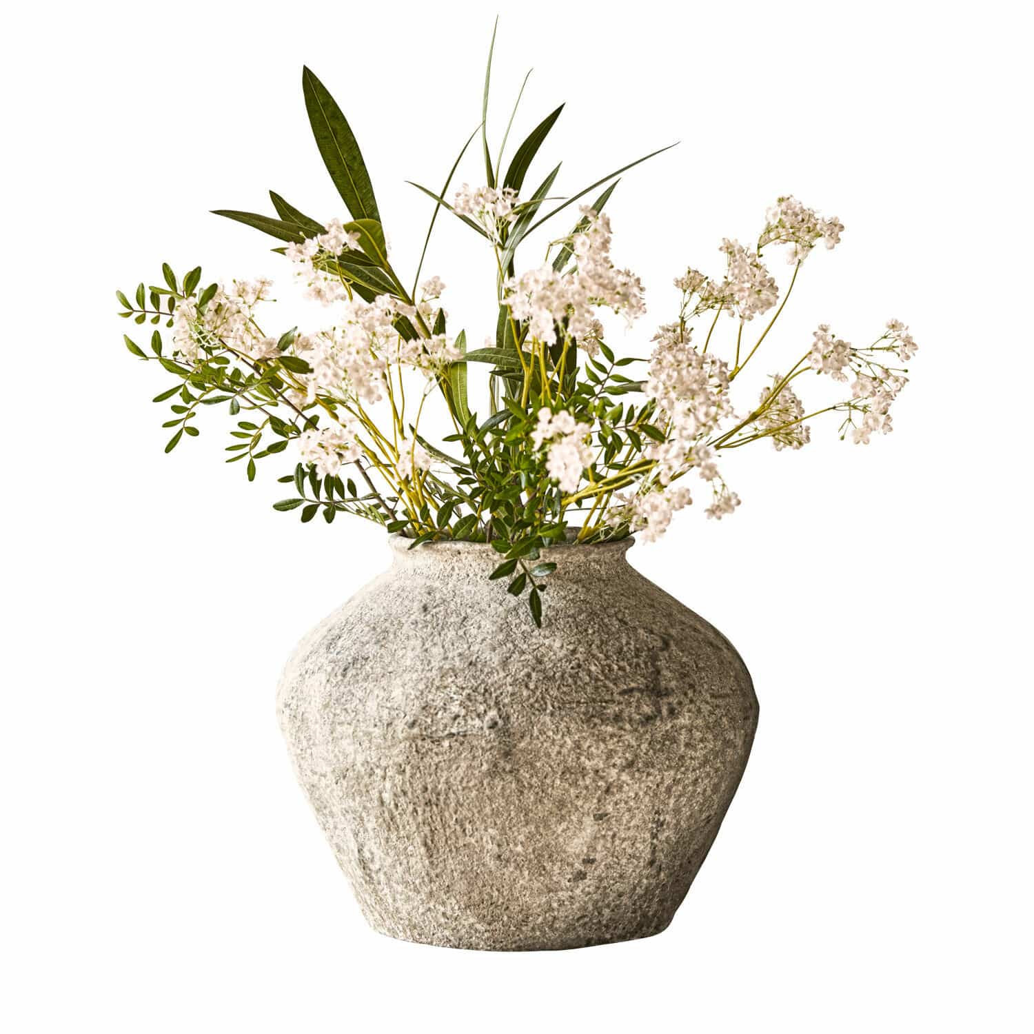 Jarrón Champs Jarrón decorativo de piedra gris con flores blancas y hojas verdes para decoración interior
