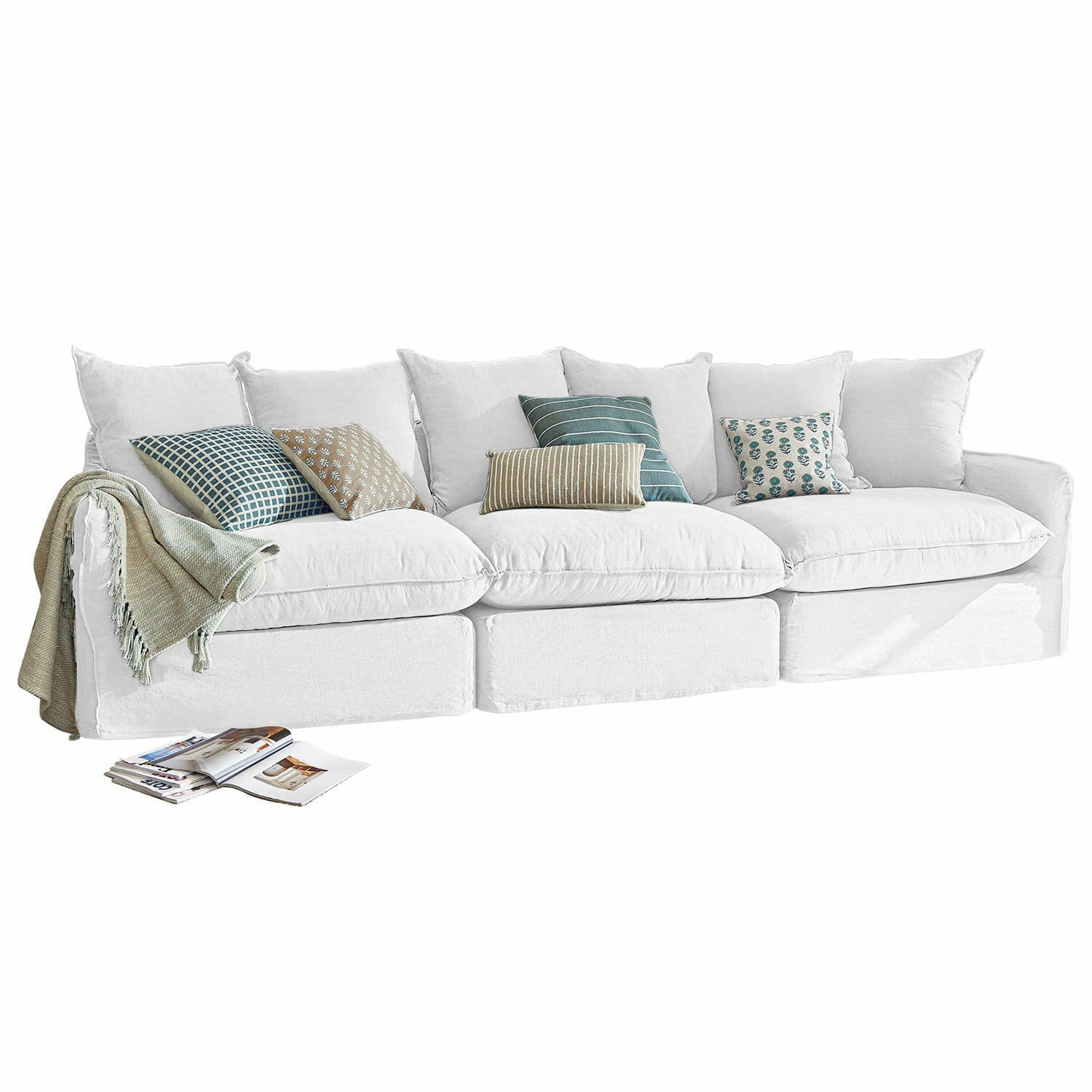 Sofá Finchingfield Sofá grande blanco de tela con cojines verdes y beige con patrones y manta, mueble cómodo para salón