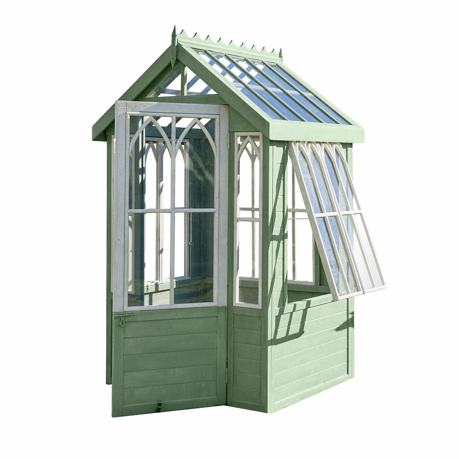 Caseta de jardín Anyós Pequeño invernadero de jardín de madera verde con ventanas blancas y panel abatible