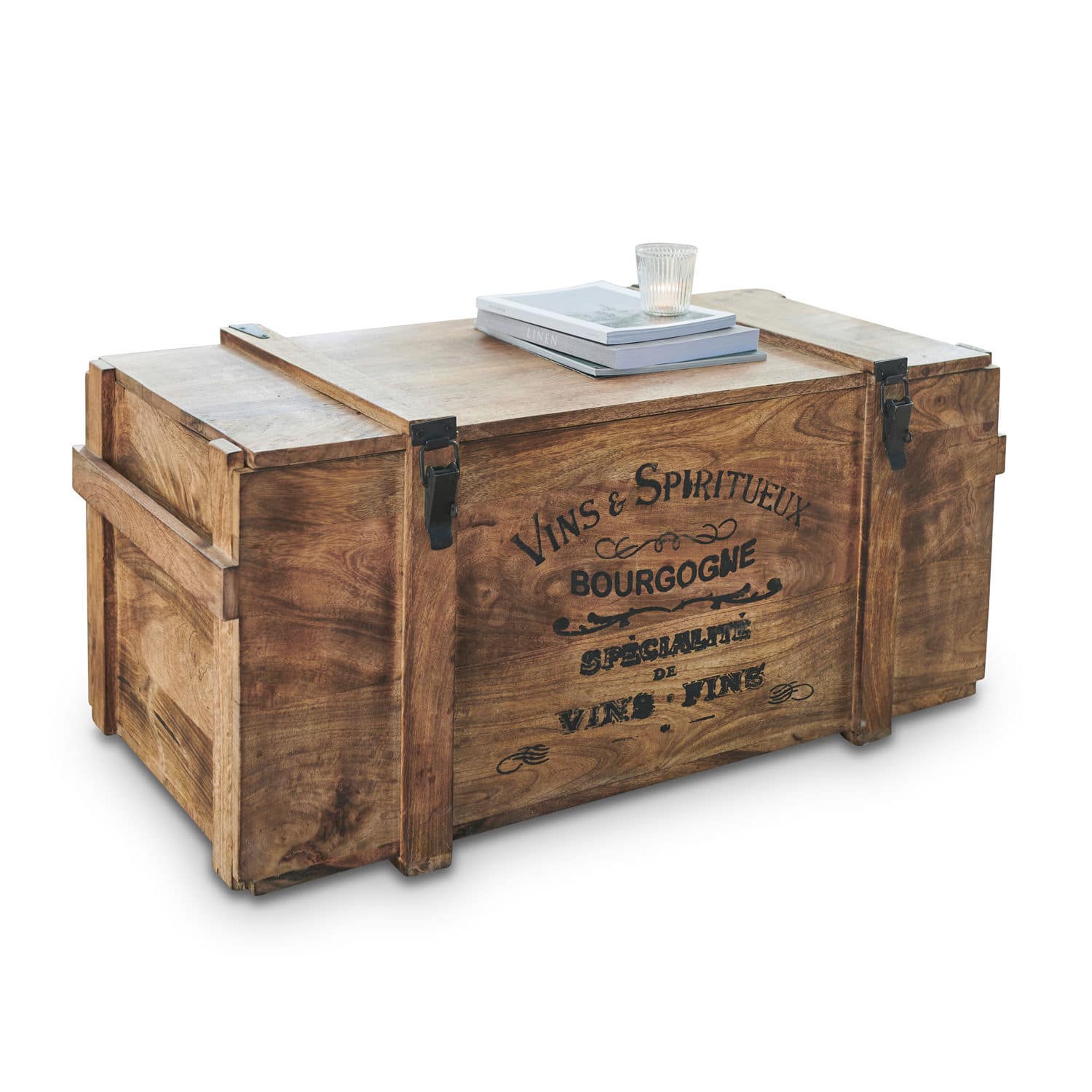 Baúl Eskeny Caja decorativa de madera con cierres metálicos y texto en francés, color natural de madera