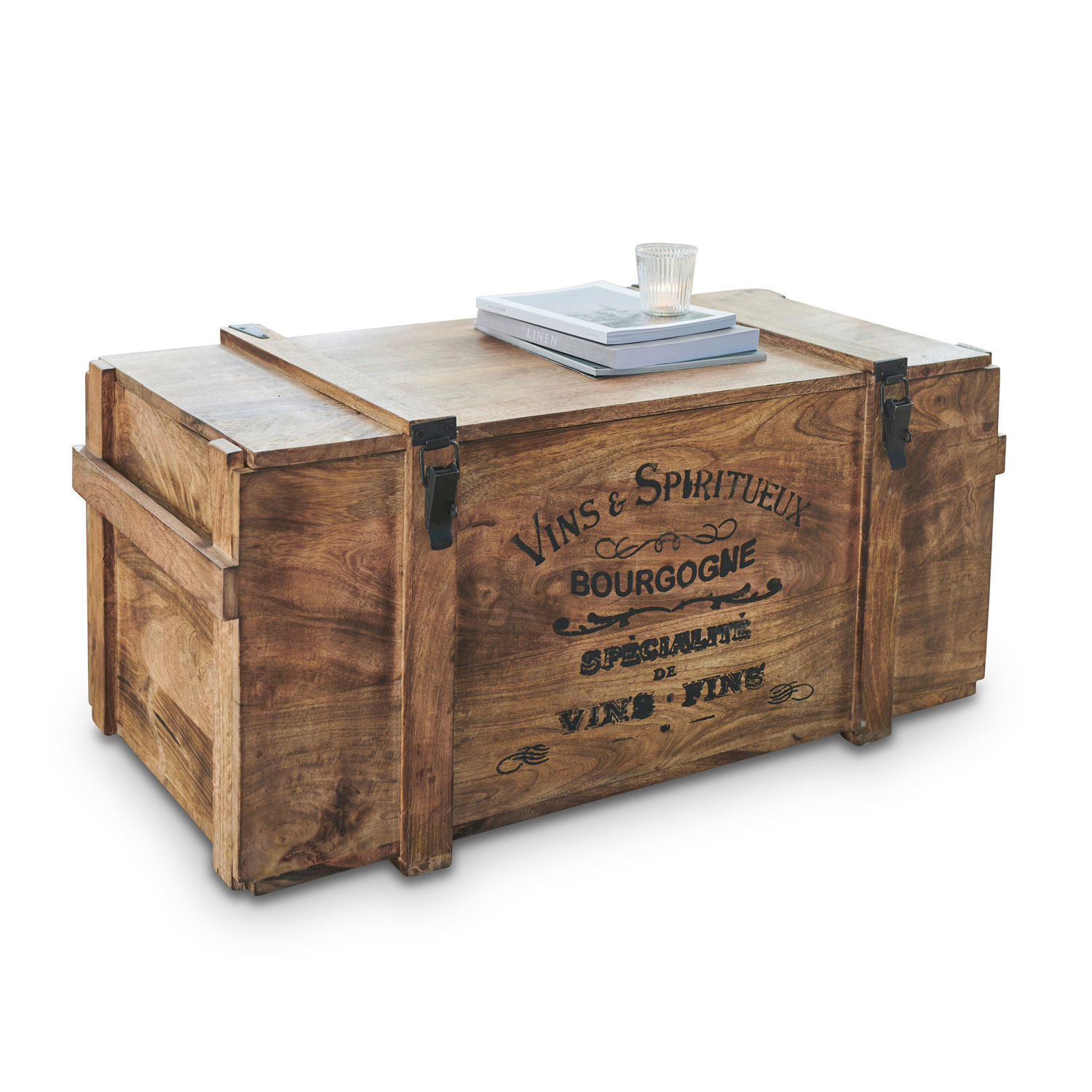 Baúl Eskeny Caja decorativa de madera con cierres metálicos y texto en francés, color natural de madera