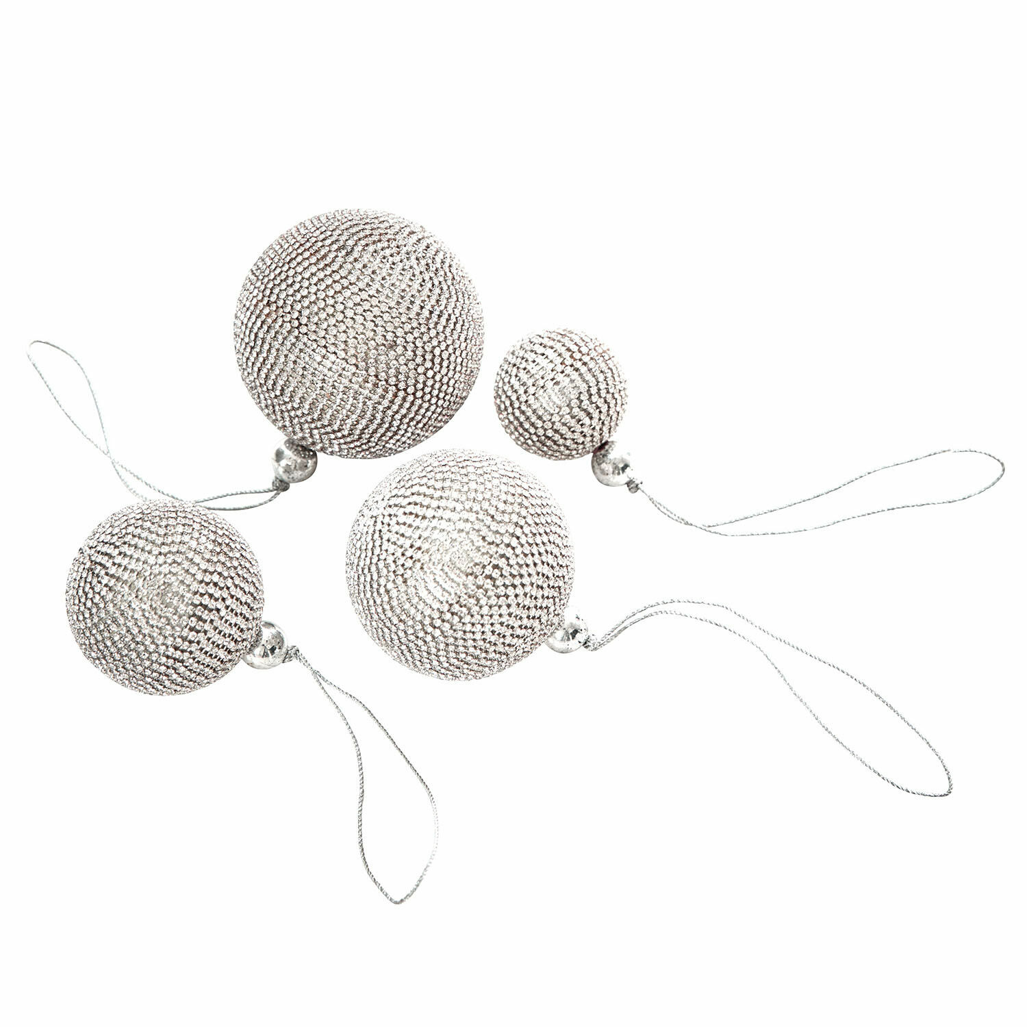 Set de 4 bolas de Navidad Varnor Conjunto de cuatro bolas de Navidad plateadas con lentejuelas brillantes y cuerdas para colgar
