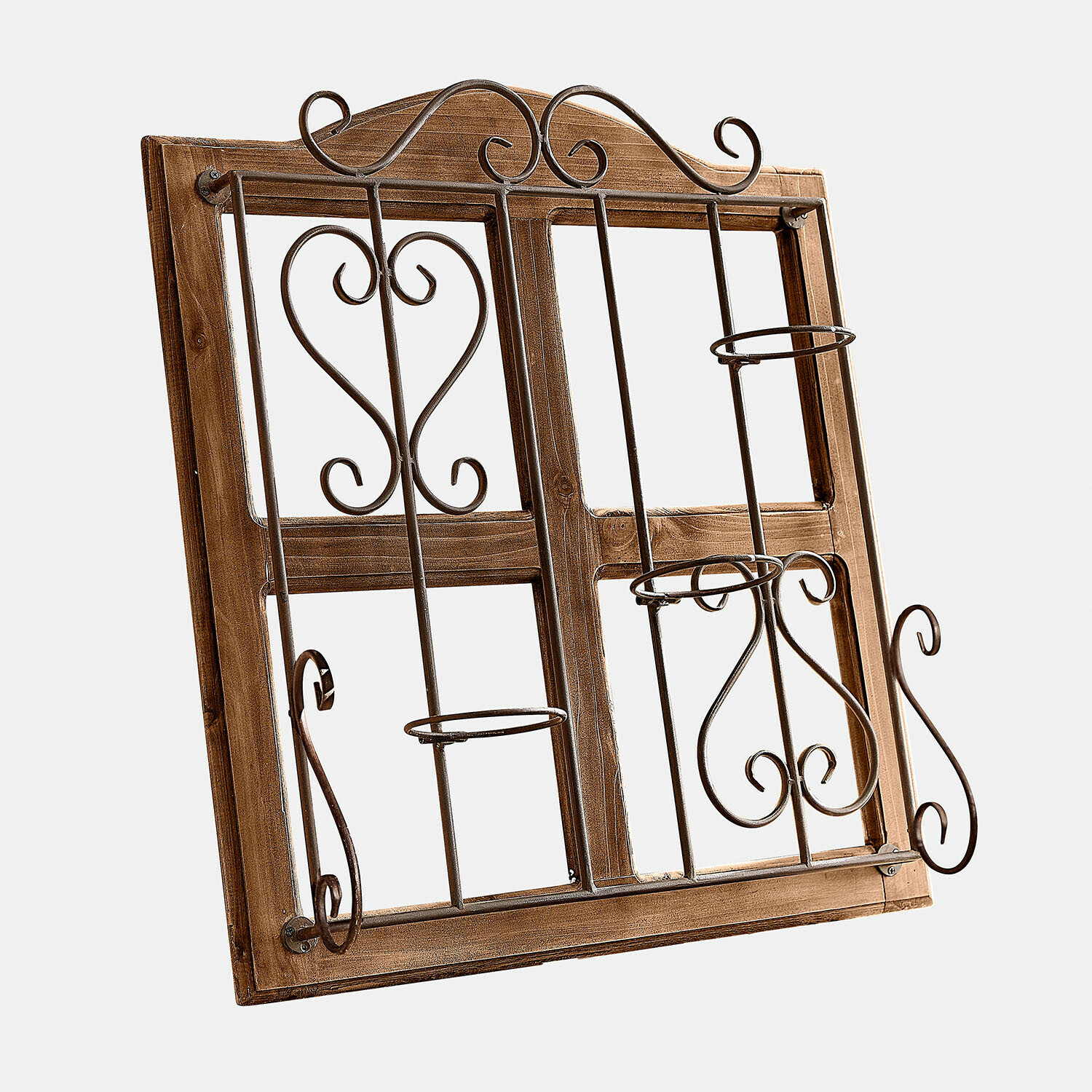 Soporte para macetas Nectarise Marco de madera con adornos metálicos y soportes para macetas en estilo rústico