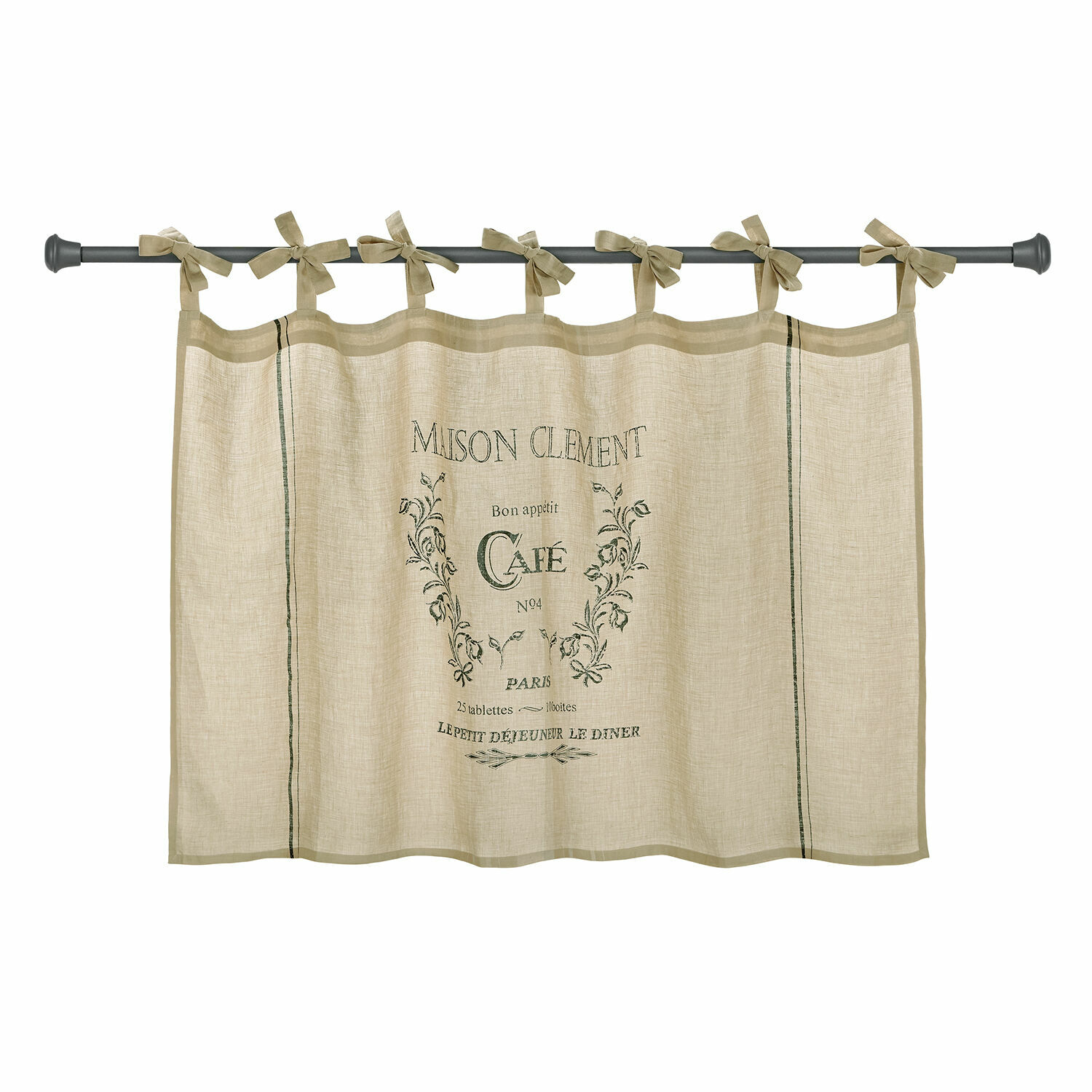 Visillo Girest Cortina beige de lino con estampado de café y lazos para atar para cocina