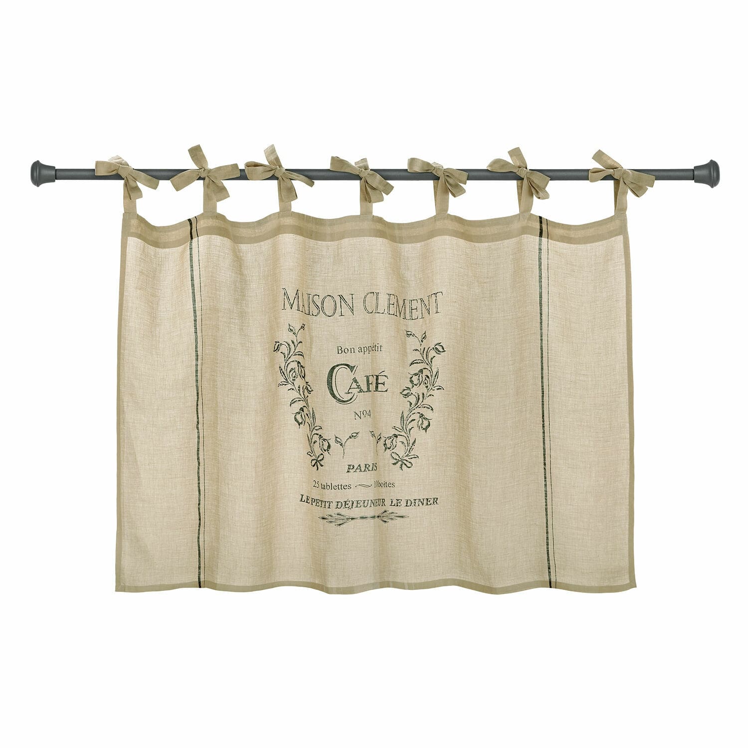 Visillo Girest Cortina beige de lino con estampado de café y lazos para atar para cocina