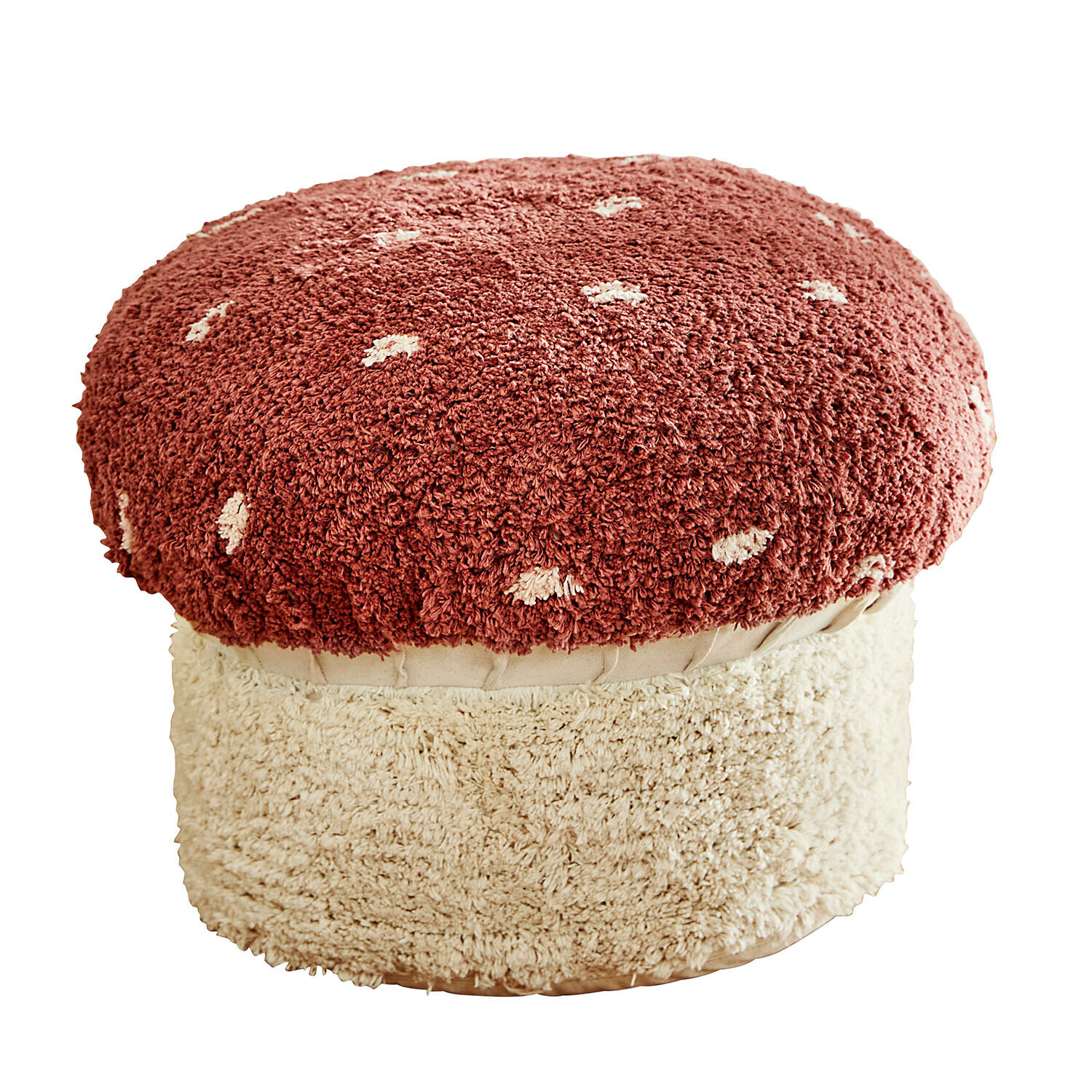 Taburete Norilie Puf con forma de hongo en material suave rojo y crema, mueble decorativo para salón acogedor