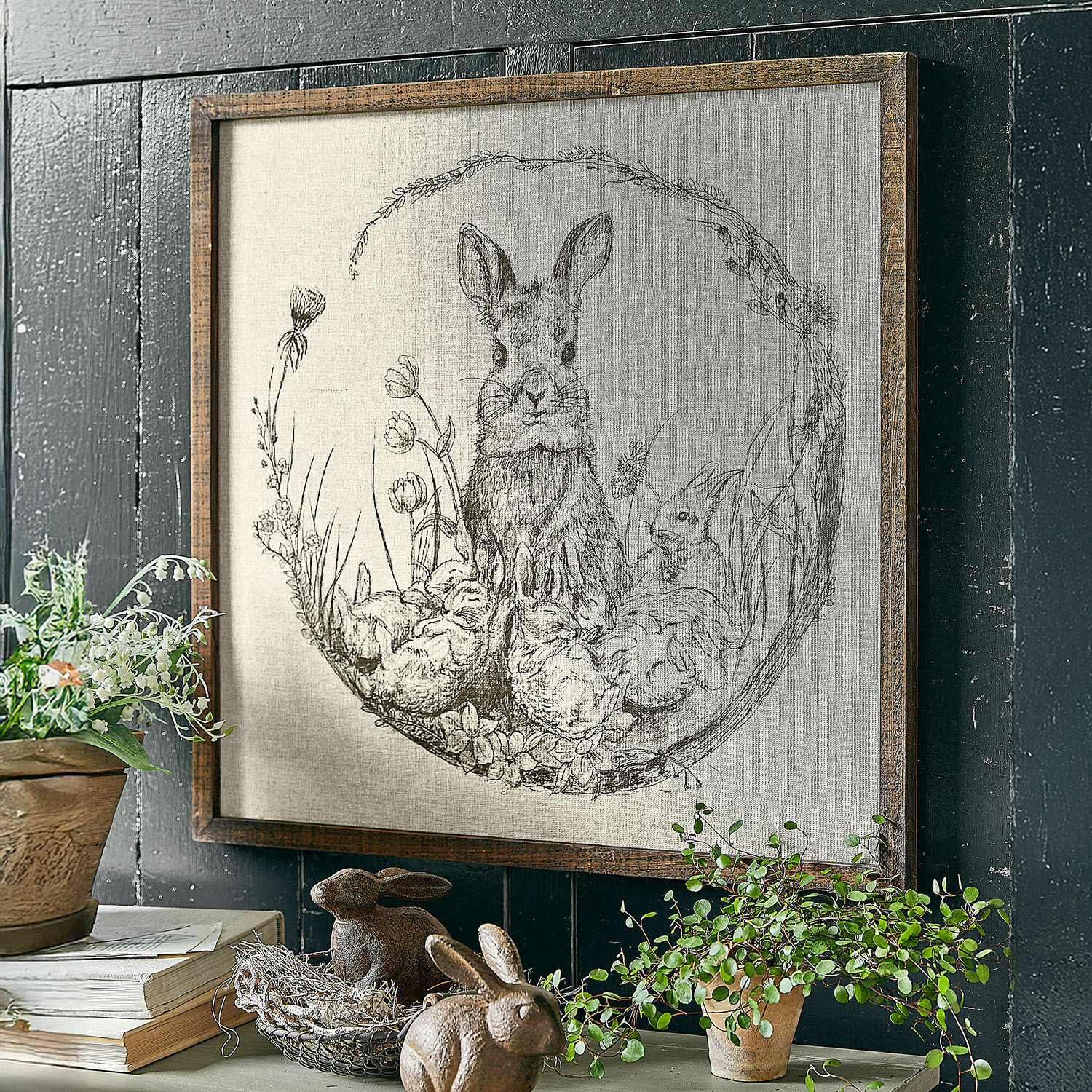 Cuadro decorativo Orolac Cuadro con dibujo de conejos y flores en marco de madera, decoración rústica de pared