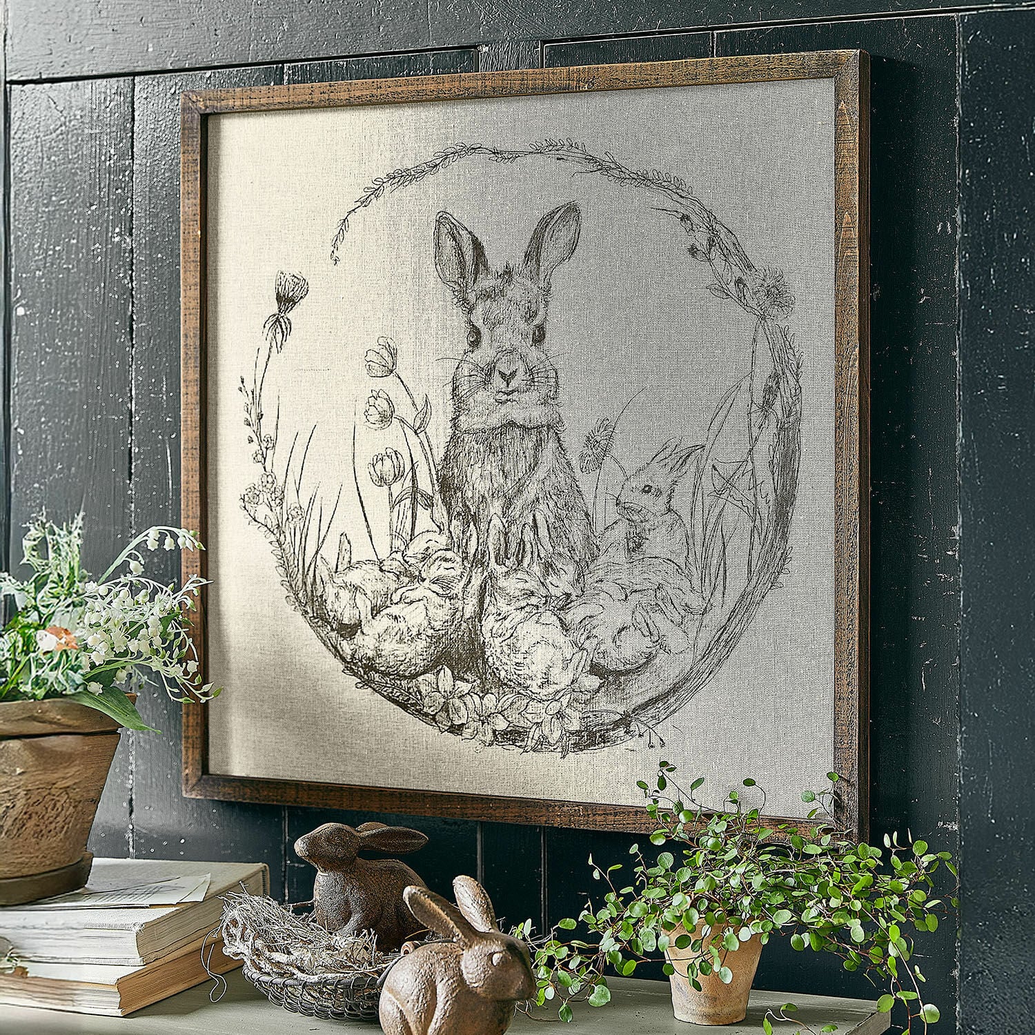 Cuadro decorativo Orolac Cuadro con dibujo de conejos y flores en marco de madera, decoración rústica de pared