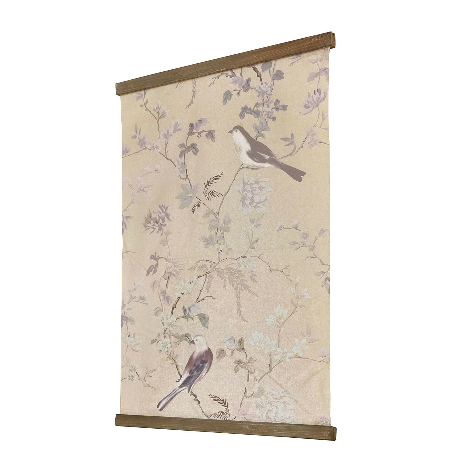 Cuadro Florémont Panel decorativo de tela beige con diseño de pájaros y flores, marcos de madera arriba y abajo