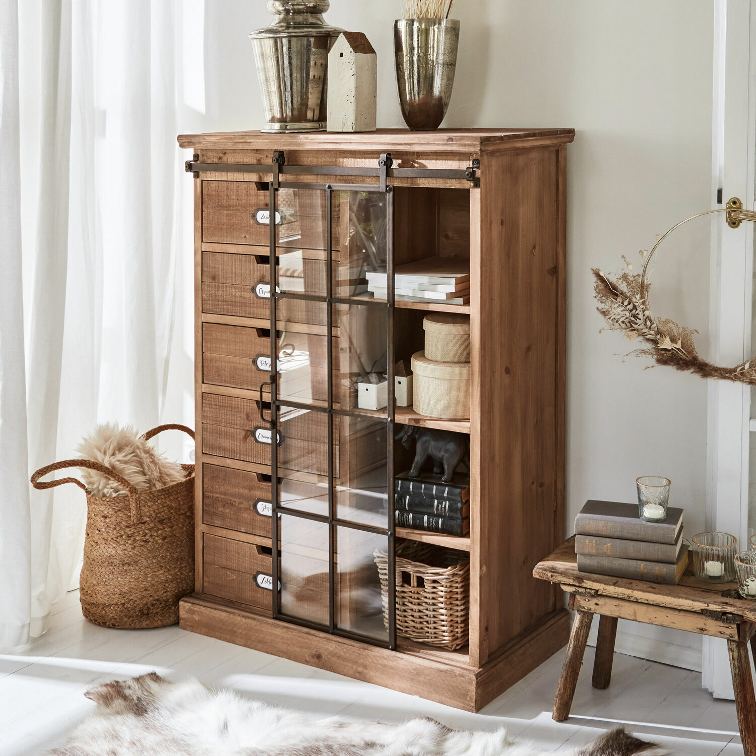 Cómoda Finegand Cómoda de madera natural con cajones y puerta de cristal para almacenamiento en sala de estar