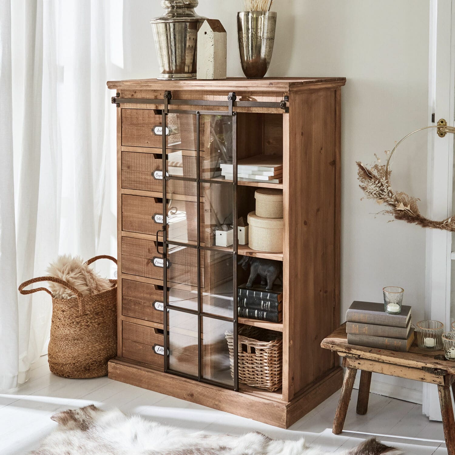 Cómoda Finegand Cómoda de madera natural con cajones y puerta de cristal para almacenamiento en sala de estar