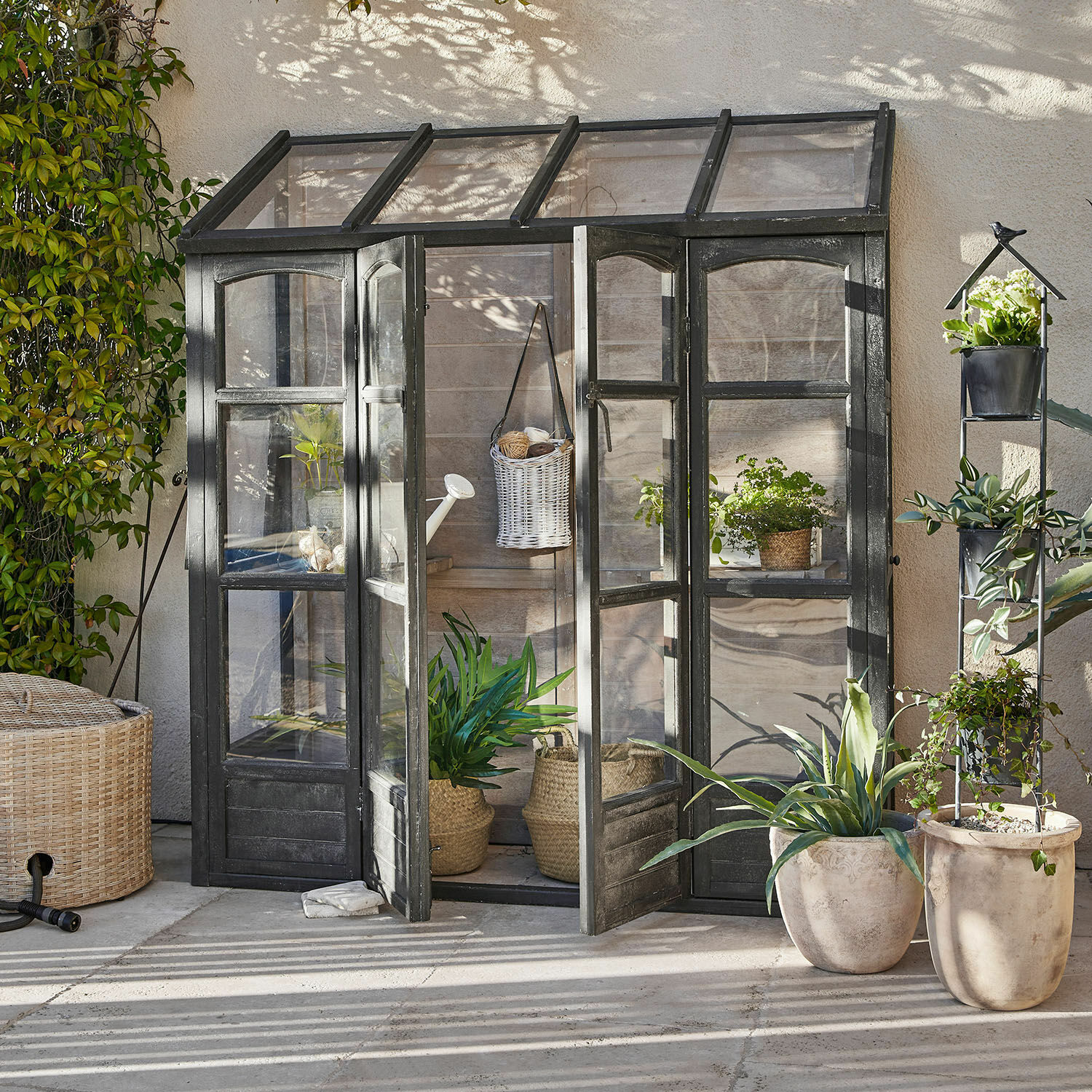 Invernadero Abilenne Pequeño invernadero de jardín con marco metálico negro y plantas en macetas en patio soleado