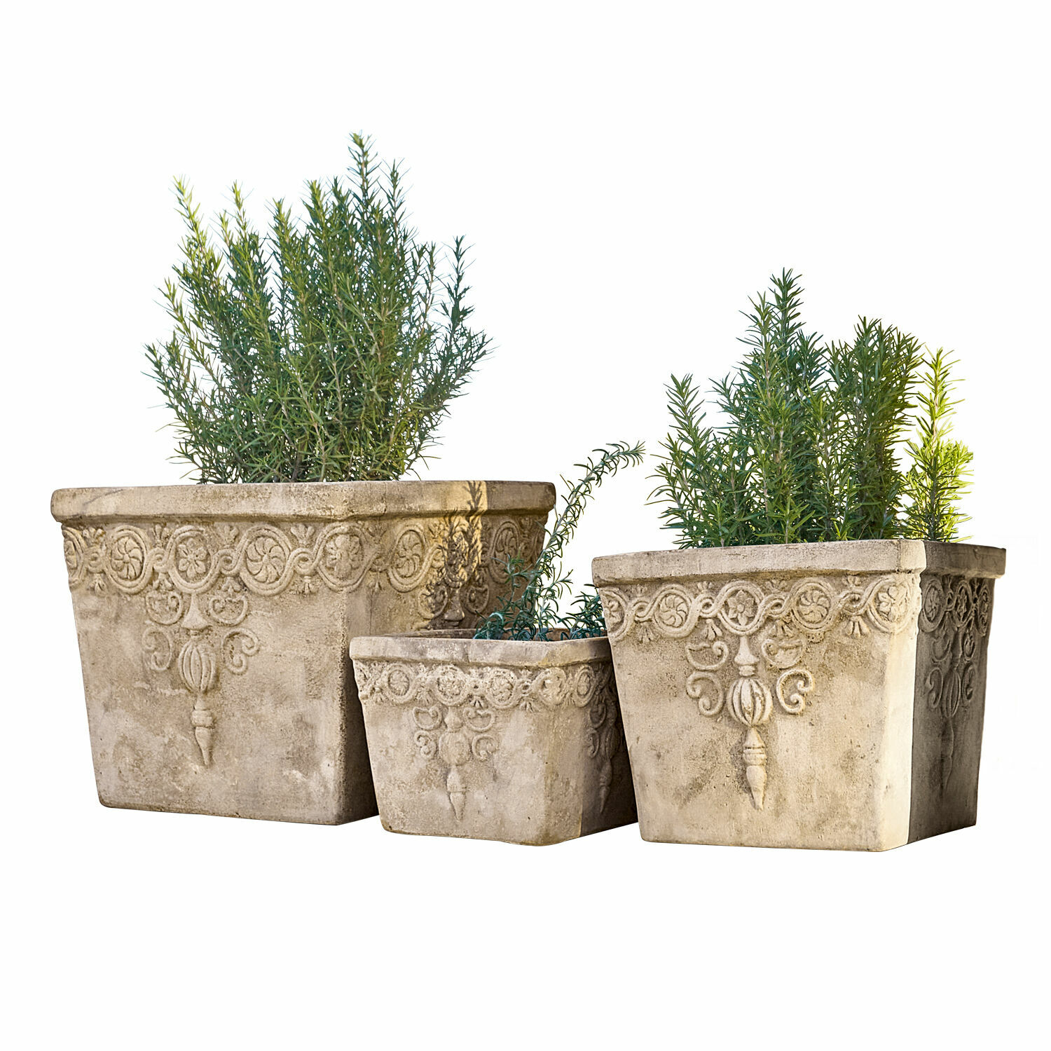 Set de 3 macetas Bissone Conjunto de tres macetas decorativas de hormigón beige con plantas verdes para jardín