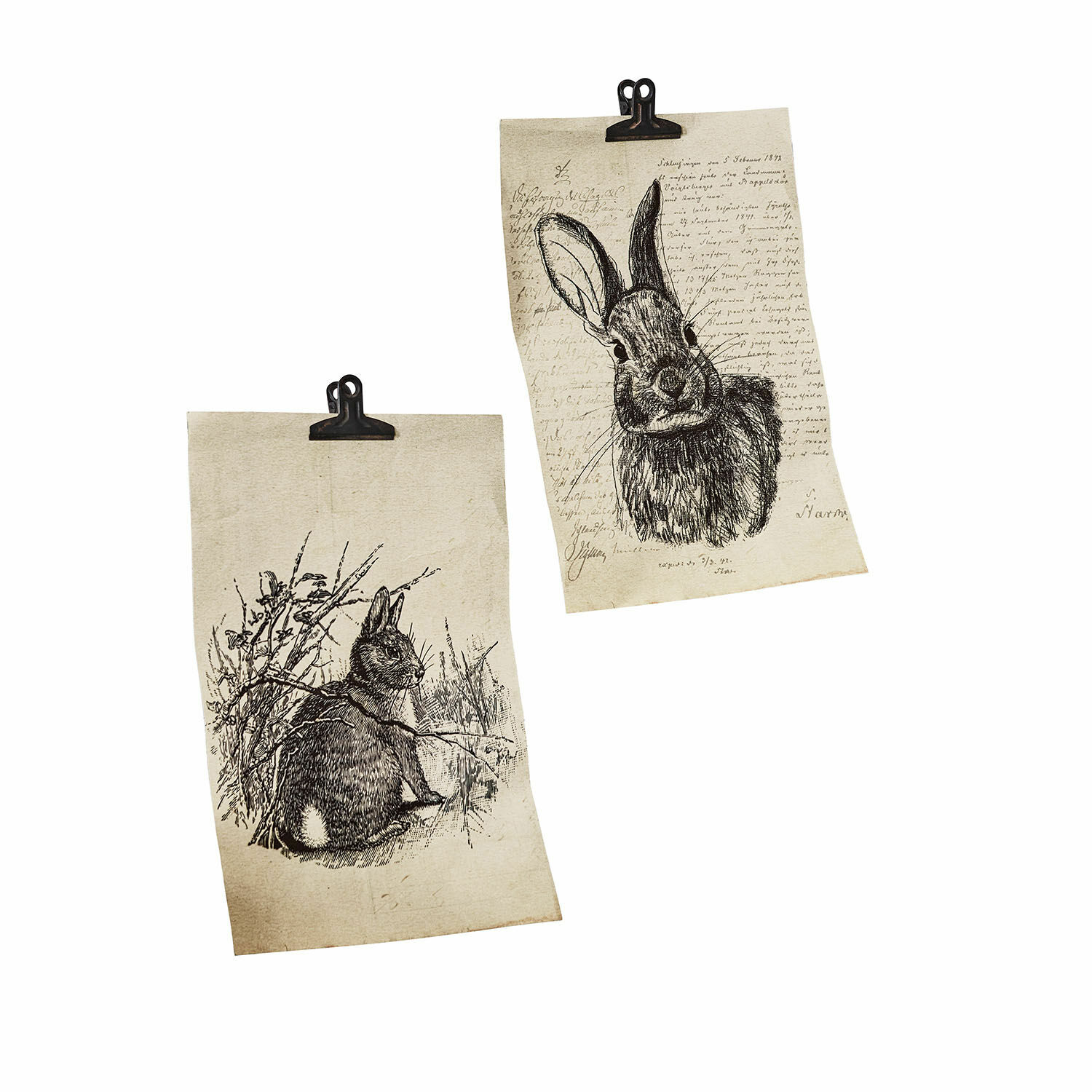 Set de 2 cuadros Meursault Dos pósters decorativos con dibujos en blanco y negro de conejos sobre fondo beige con pinzas