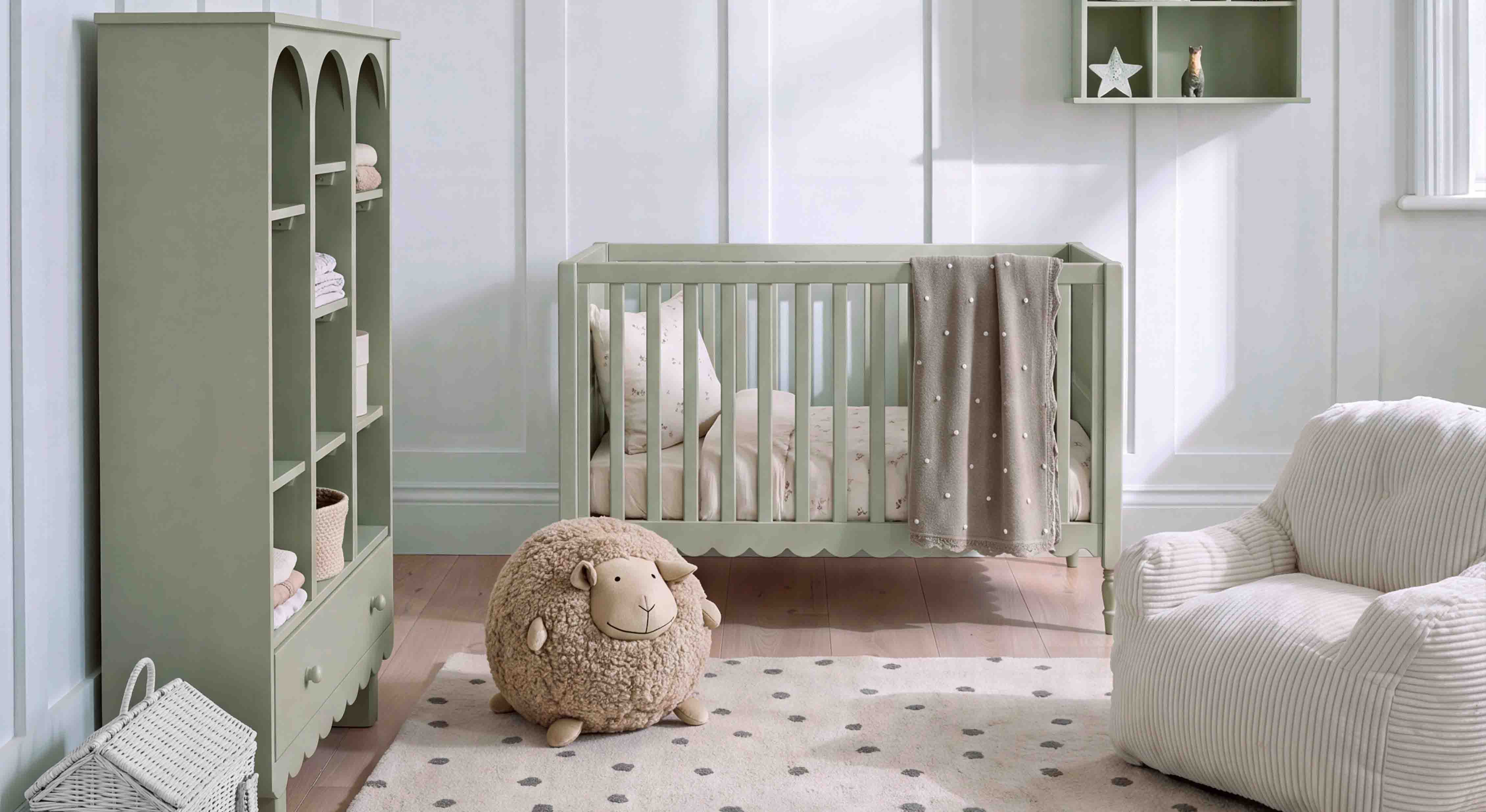 Cuna y estantería de madera verde menta en habitación infantil con peluche de oveja
