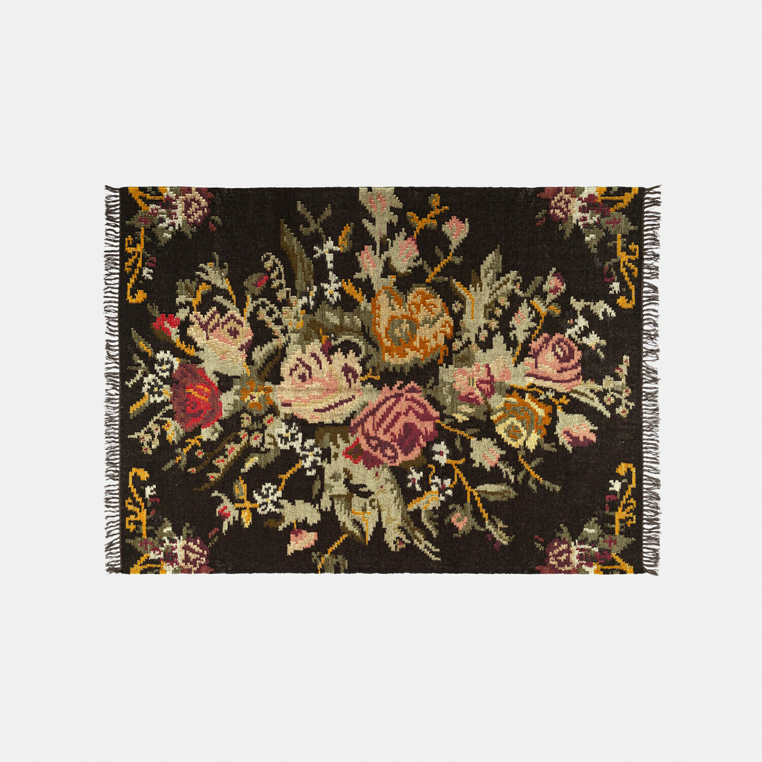 Alfombra Matteo Alfombra con fondo oscuro y diseño floral en tonos rosa, naranja y verde, alfombra textil decorativa