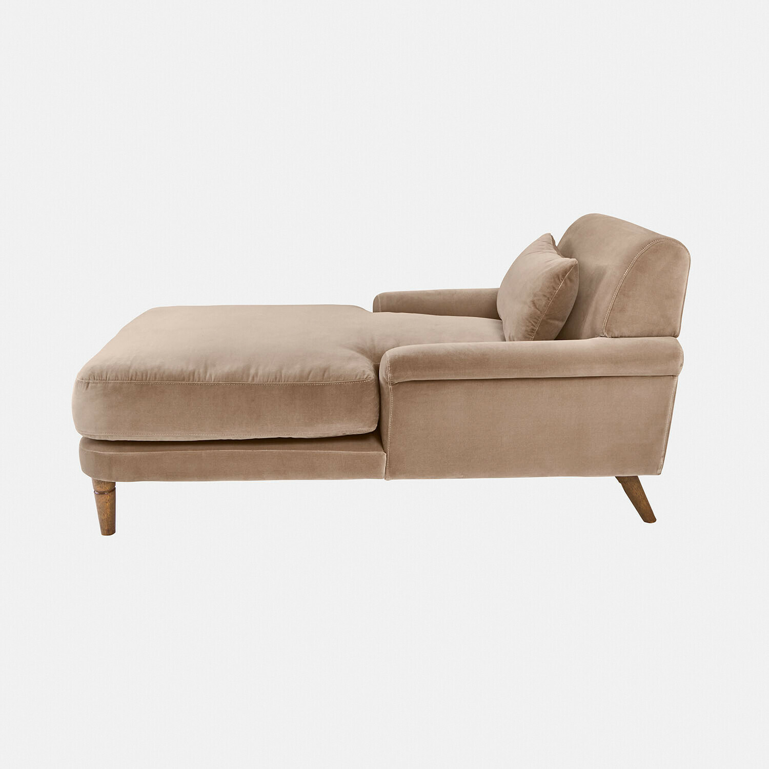 beige Chaiselongue beige de tela suave con cojín y patas de madera para descanso cómodo