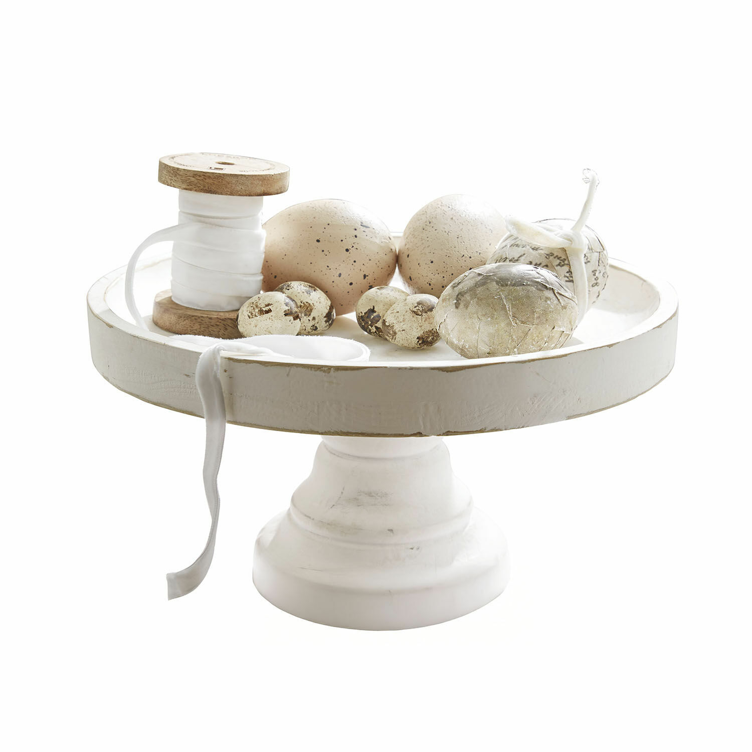 Bandeja de niveles Loissard Soporte de madera blanco con huevos decorativos y carrete con cinta blanca para decoración de Pascua