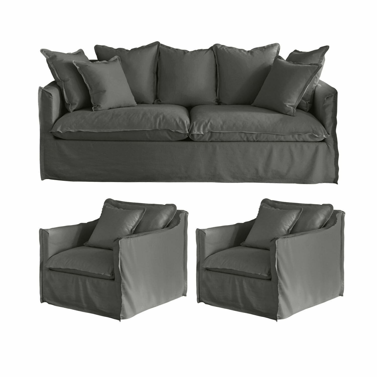Conjunto de sofá gris y dos sillones tapizados con cojines suaves para sala