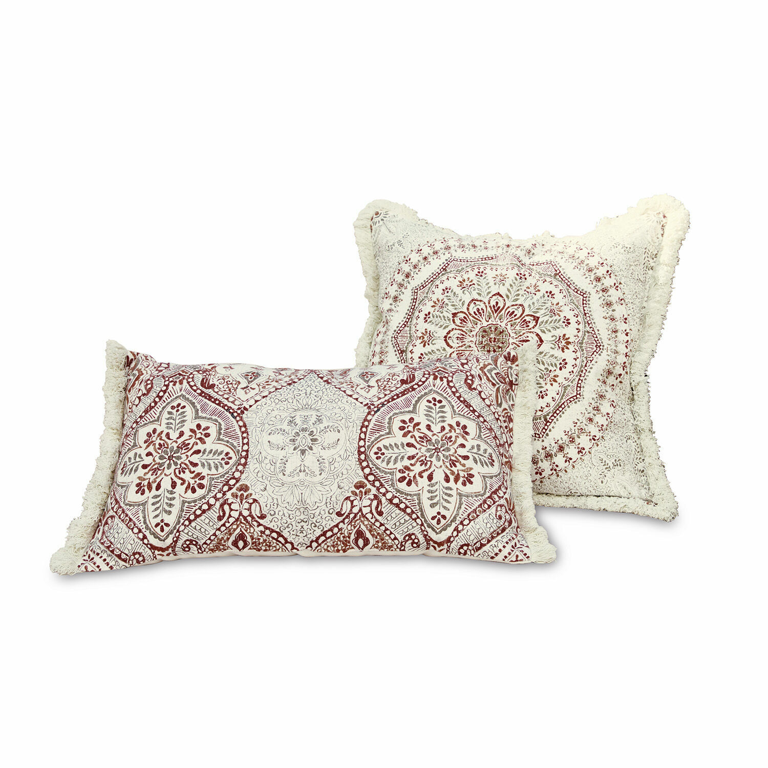 Set de 2 fundas de cojín Margret Conjunto de dos cojines decorativos de algodón en crema y rojo con flecos y motivos florales
