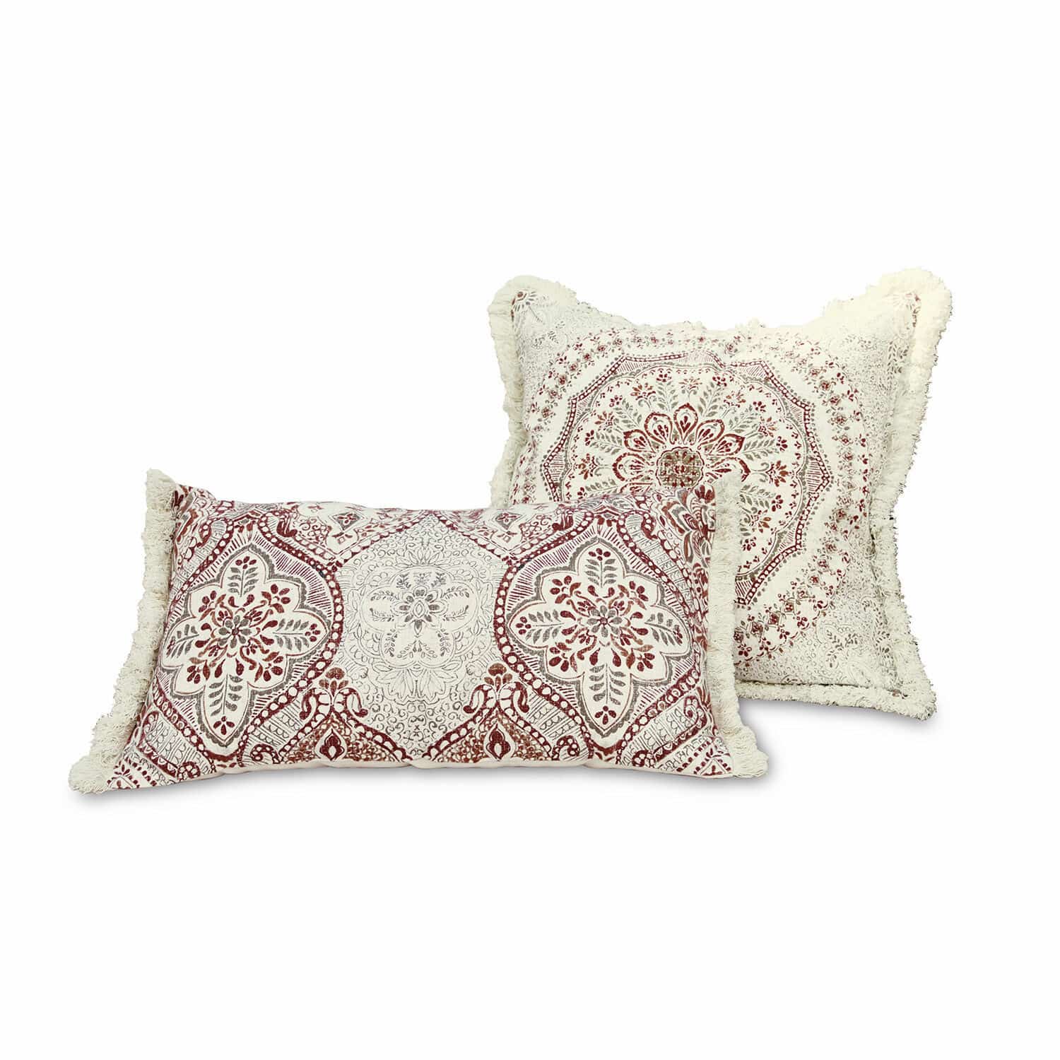 Set de 2 fundas de cojín Margret Conjunto de dos cojines decorativos de algodón en crema y rojo con flecos y motivos florales