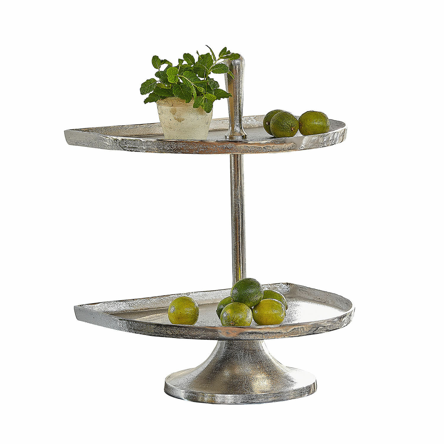 Bandeja de niveles Quiralen Bandeja de dos niveles de metal plateado con limas verdes y maceta con planta decorativa