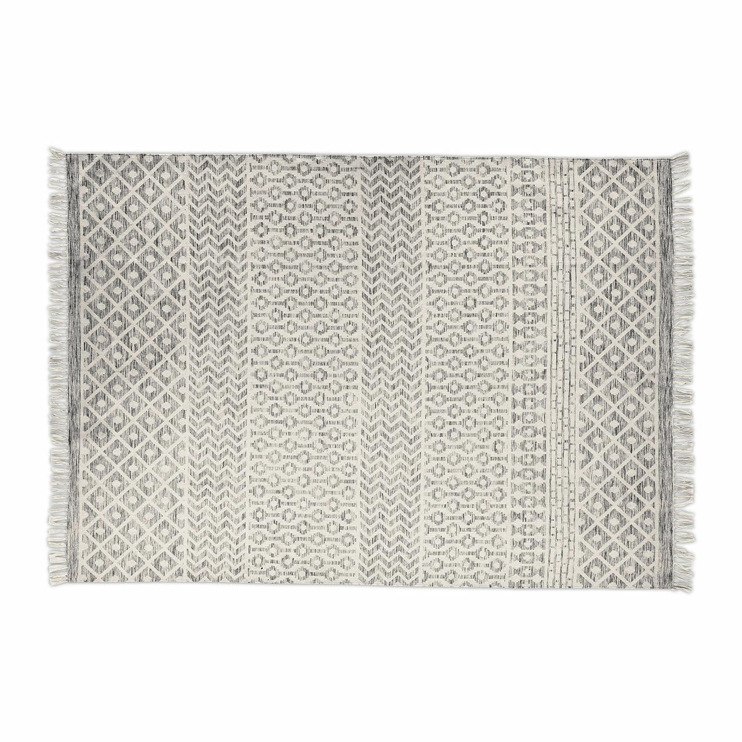 Alfombra para interior y exterior Champigny Alfombra de algodón gris y blanca con patrón geométrico y flecos, decoración elegante para suelos