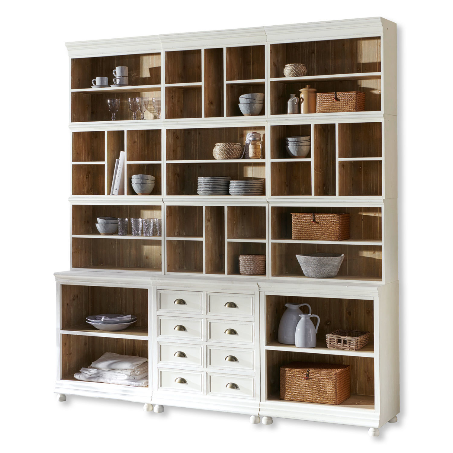 blanco Estantería blanca de madera Shrewsbury con múltiples compartimentos y cajones para salón