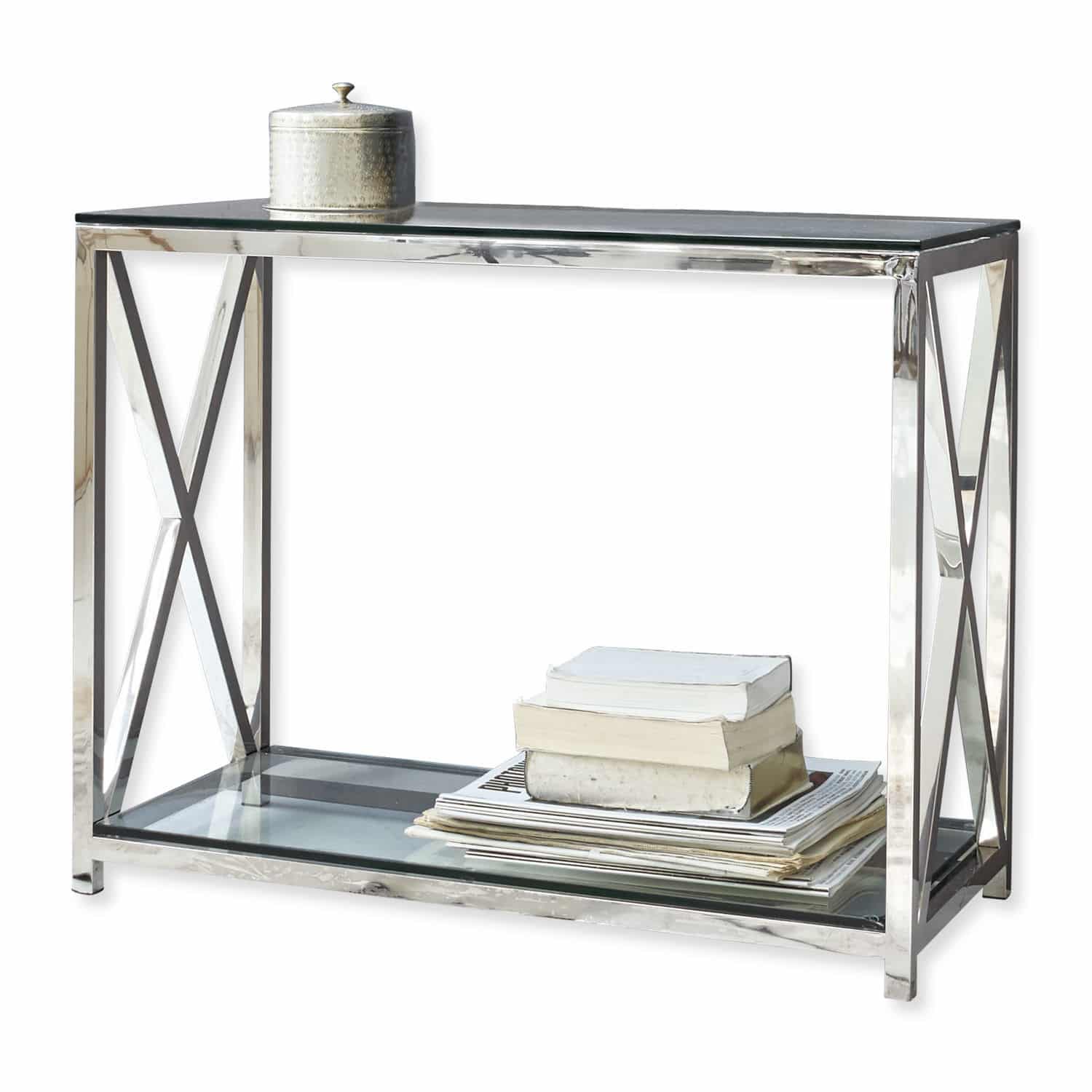 Consola Dartford Consola moderna de acero inoxidable y vidrio con libros decorativos y caja plateada encima