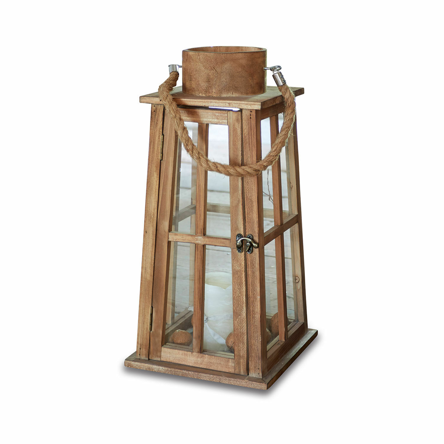 Linterna de madera con cristal transparente y asa de cuerda, decoración para hogar y jardín