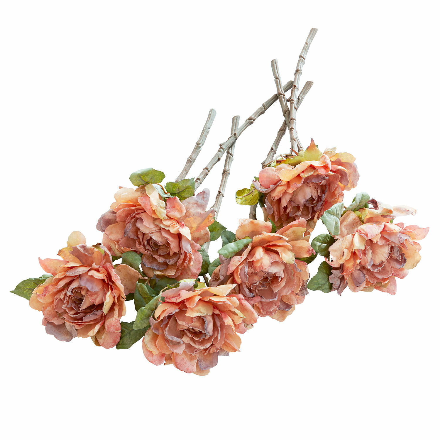 Set de 6 flores decorativas Mervix Ramo de rosas artificiales color melocotón con hojas verdes y tallos beige para decoración