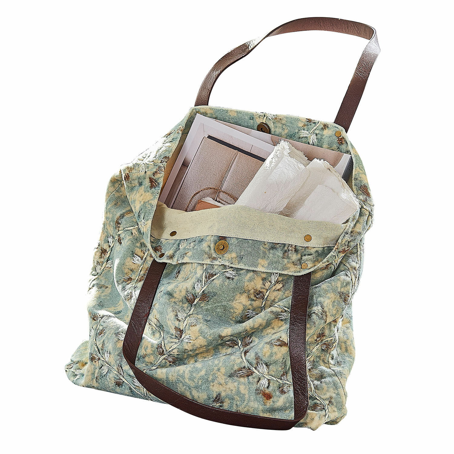 Bolso LaRoux Bolsa de tela con patrón verde y beige con asas marrones, ideal para compras y uso diario