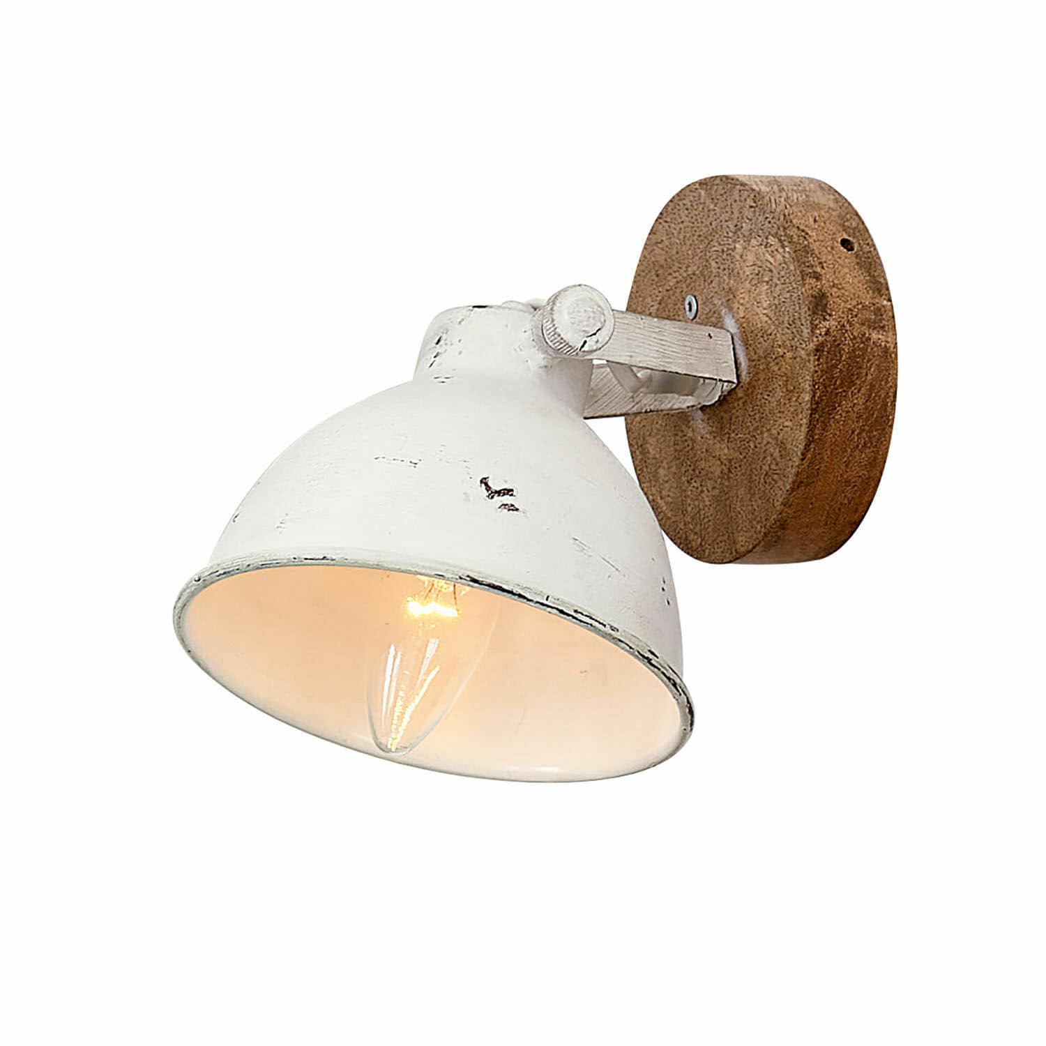 Lámpara de pared Ballée Aplique de pared metálico blanco con base de madera estilo vintage para iluminación interior